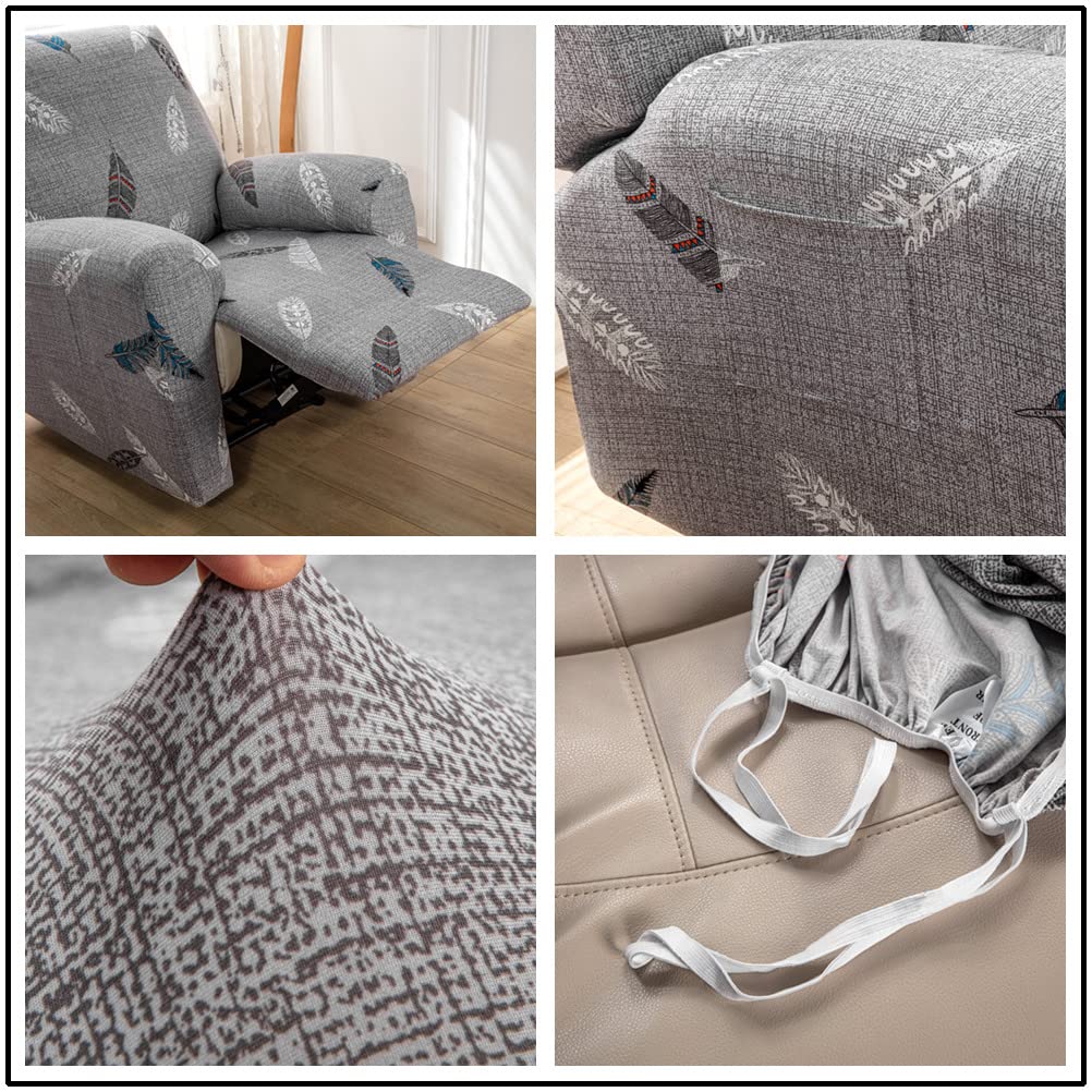 FANSU Housse de Fauteuil Relax Extensible 1 Places, Housse de Fauteuil Relax Inclinable Electrique avec Poche, 4 Pièce Protege de Meubles pour Canapé (1 Places,Feuilles Grises