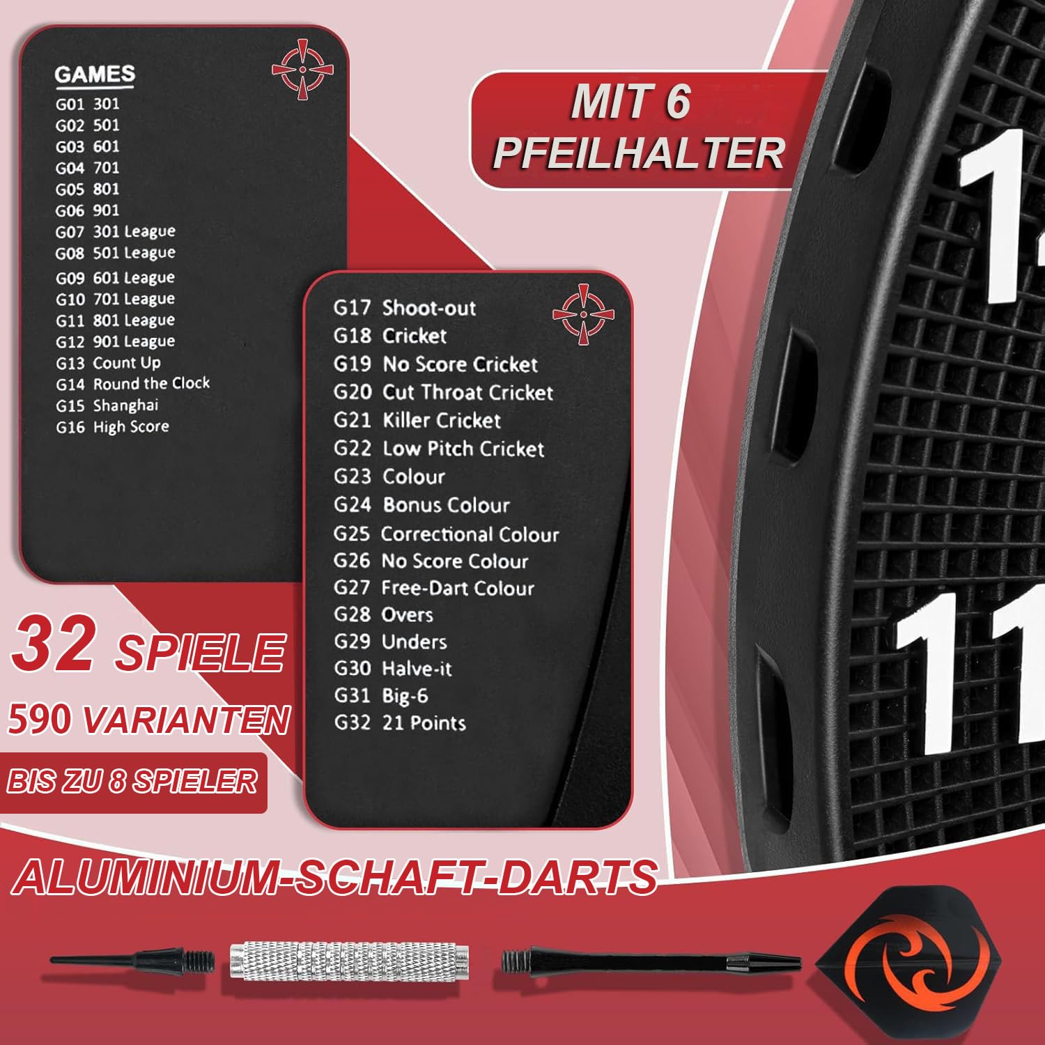 Cible de fléchettes électrique électronique avec annonces vocales, Affichage LCD, 6 fléchettes, 32 Jeux 590 Options de Jeu, Jeu Professionnel pour la Maison, Les fêtes, Le Jardin, Le Bar, 1 à 8
