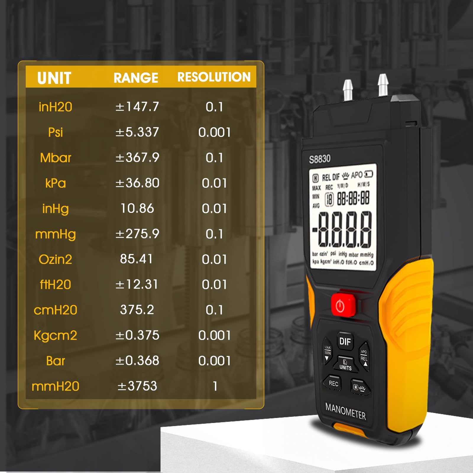 Manómetro digital de presión diferencial GR-T9-S8830, probador de presión profesional de doble puerto, medidor de presión retroiluminado LCD para aplicaciones de prueba de tuberías de gas natural
