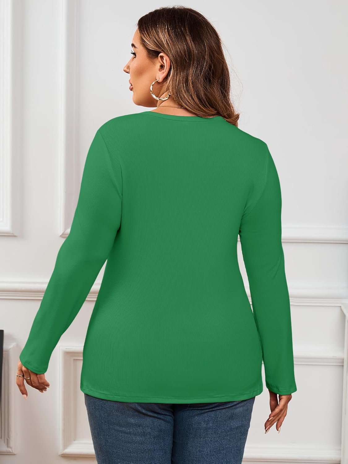 Chulianyouhuo Womens Plus Size Long Sleeve Shirts V Neck Ribbed Knit T Shirt Slim Fitted Casual Basic Tee Tops - Image 3