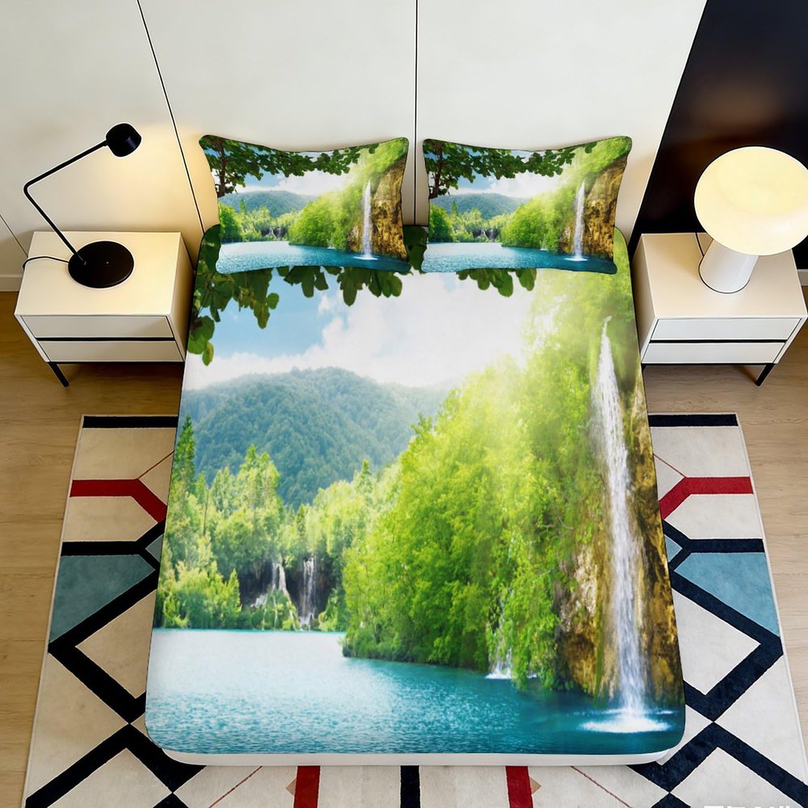 3D Printed Waterfall Forest Fitted Sheet Microfiber Soft Scenic Lake Bed Cover for Bedroom Guest Room Decor 90x200x25cm