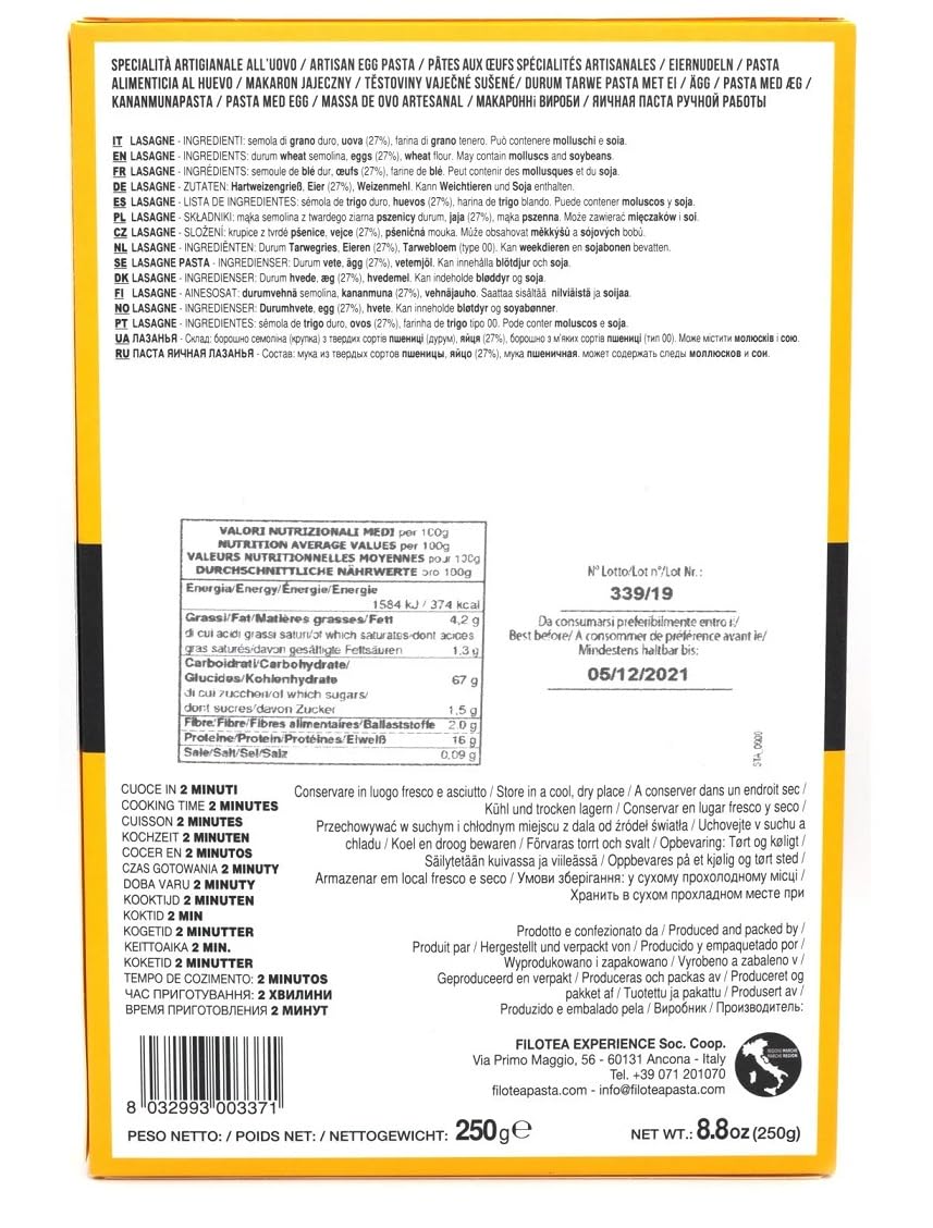 Filotea Pasta de lasaña all'Uovo 250 g + lata Polpa di Pomodoro 400 g