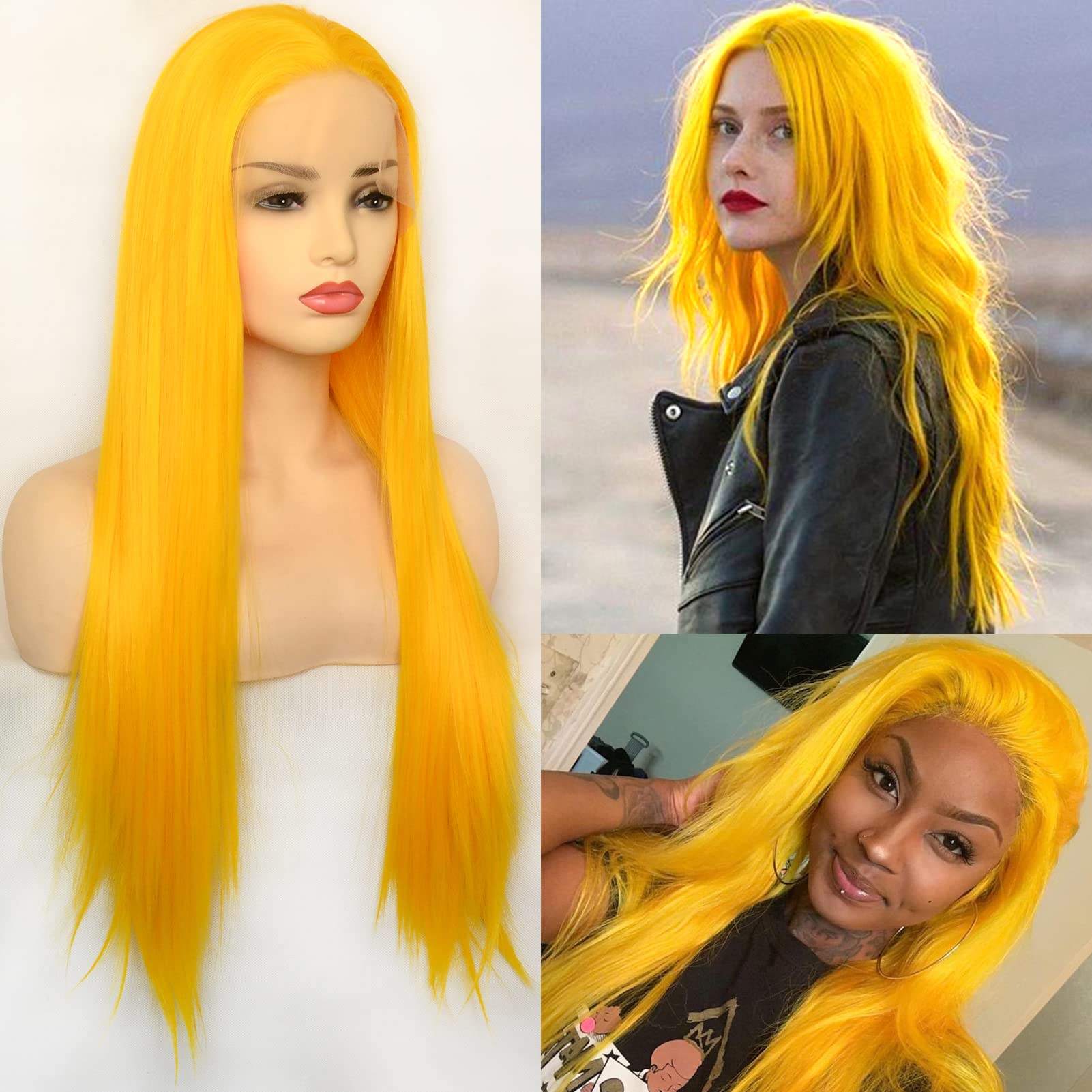 BLUPLE Yellow Lace Front Wigs T-Lace Part Long Silk Straight Sexy Yellow Wig Synthetic Hair Replacement Full Wigs for Women (22 Inch, Straight,Yellow)