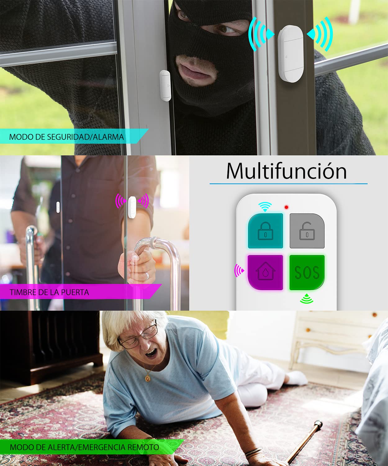 Fosmon - Sensor de Apertura de Puertas y Ventanas | Alarma Antirrobo con Control Remoto | Detector de Entrada | Sensor de Apertura Magnética | Funciona con Baterías | Sirena Potente de 130dB