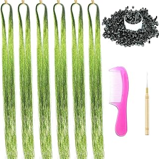 Hair Tinsel 6 Packs 1200 Strands Glitter Tinsel Hair Extensions 43Inch | XIAO TAO ZI,Hair Tinsel Kit with Tools, Fairy Hair Accessories ,for Women,for Christmas,Colorful green
