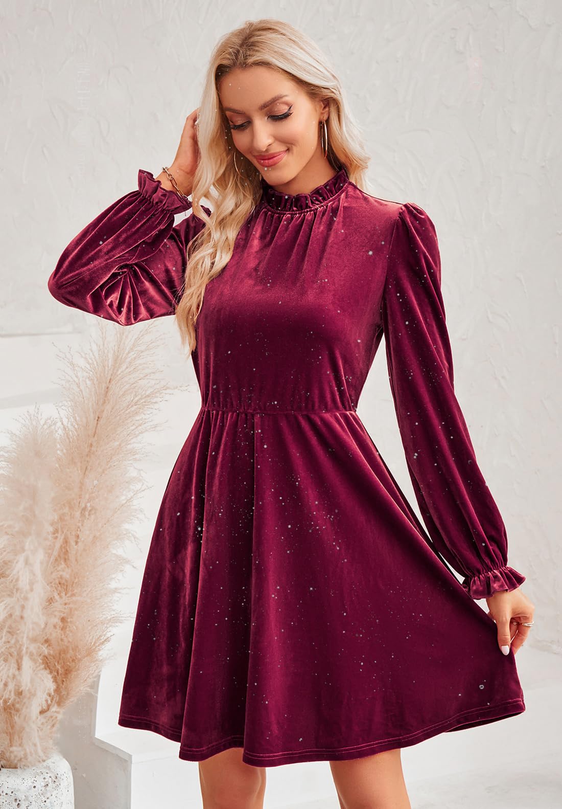 JayscreateEU Damen Smatkleid Kleid Damen A-Linie Hohe Taille Herbstkleid winterkleid Kurzkleid Elegant Partykleid Knielang Kleider Damen Festlich Kleid Langarm Damen Weihnachtskleid Damen