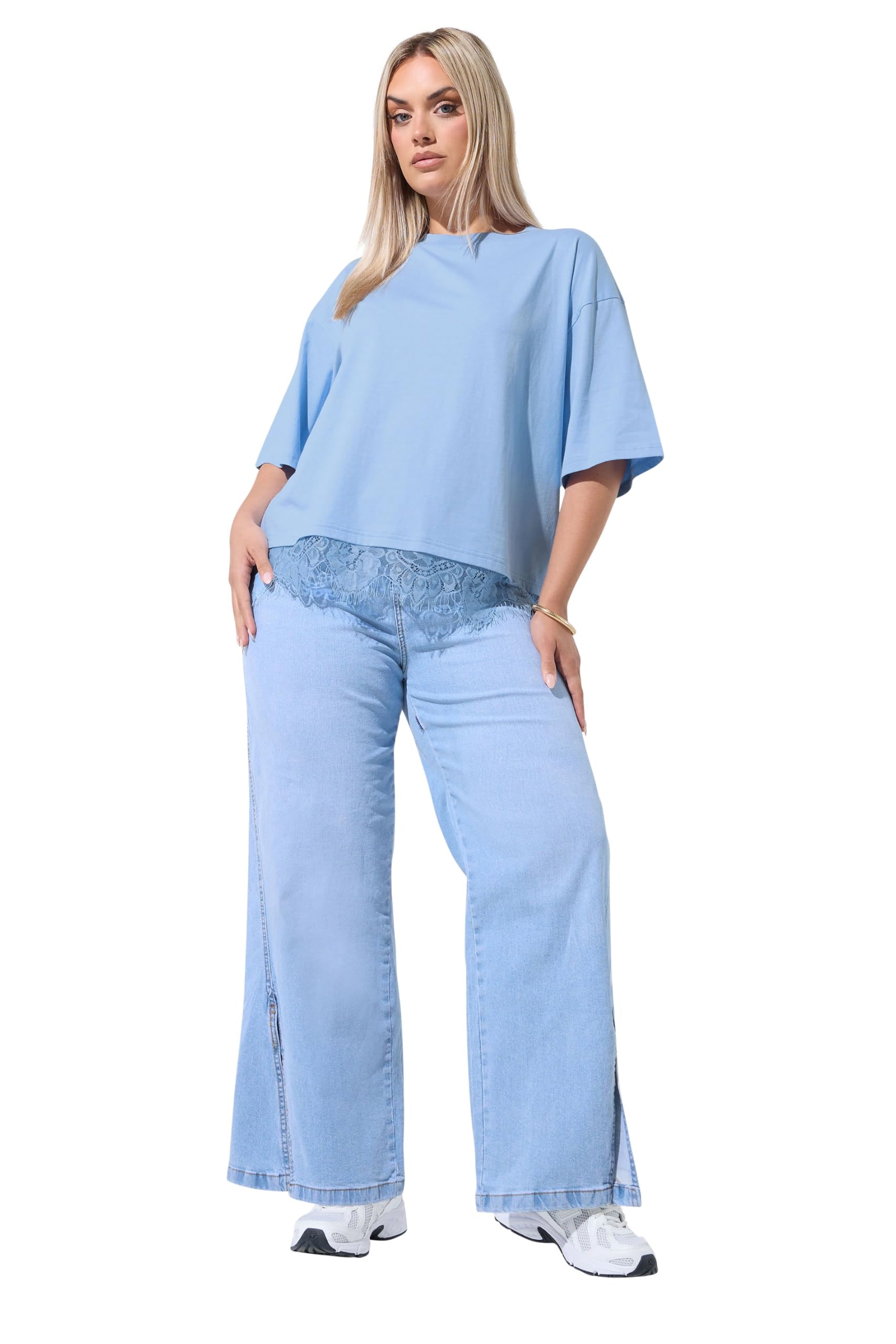 Yours Women's Baby Blue Lace Hem T-Shirt In | : Size 18