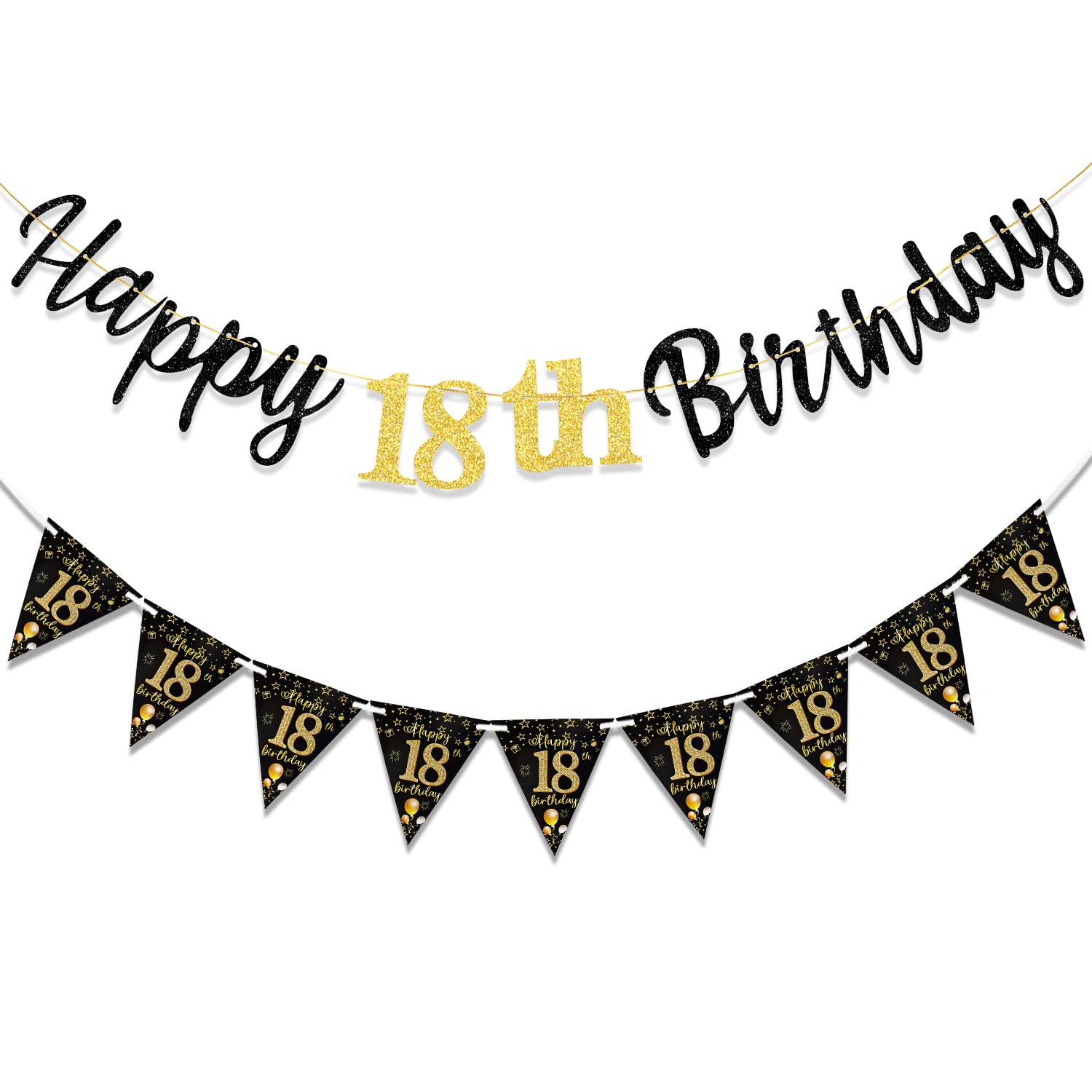 MAGLAUG 18th Birthday Decorations Banner Boys Girls, Black Gold Happy 18thBirthday Banners for Girls Boys (Birthday 18th)
