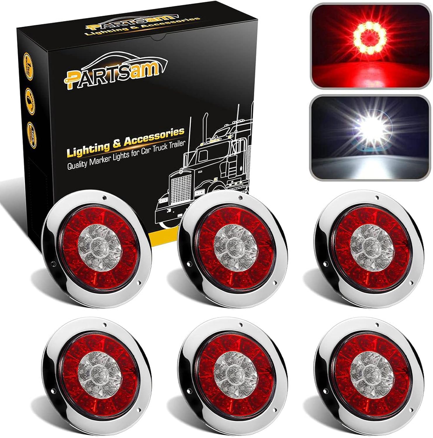 Partsam 6Pcs 4 Inch Round LED Trailer Tail Lights White/Red Flange Mount 16 LED 12V DC Sealed Waterproof Round Stop Brake Tail Running Reverse Backup Lights Lamps for RV Trailer Trucks