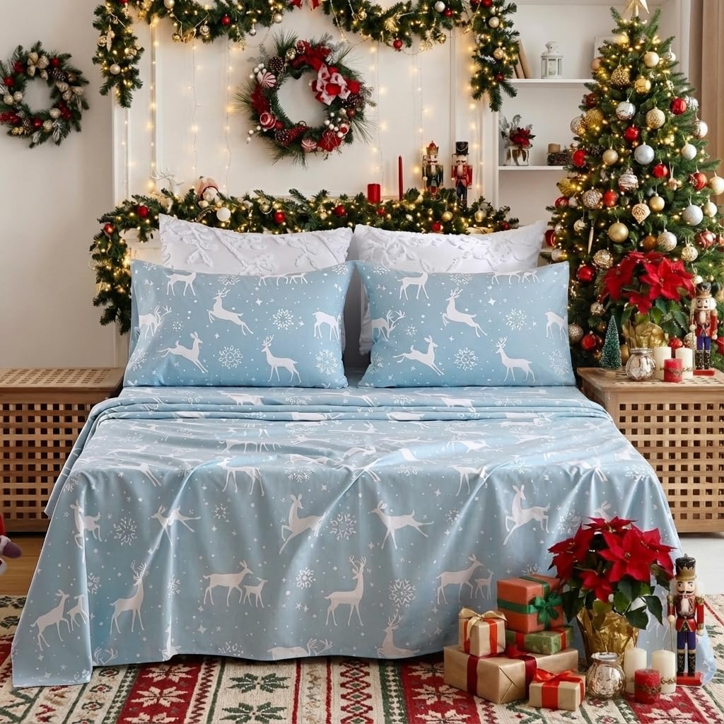 CAROMIO Christmas Sheets Queen Soft Brushed Microfiber Bed Sheet Set 16 Inches Deep Pocket Fitted Sheet Winter Holiday