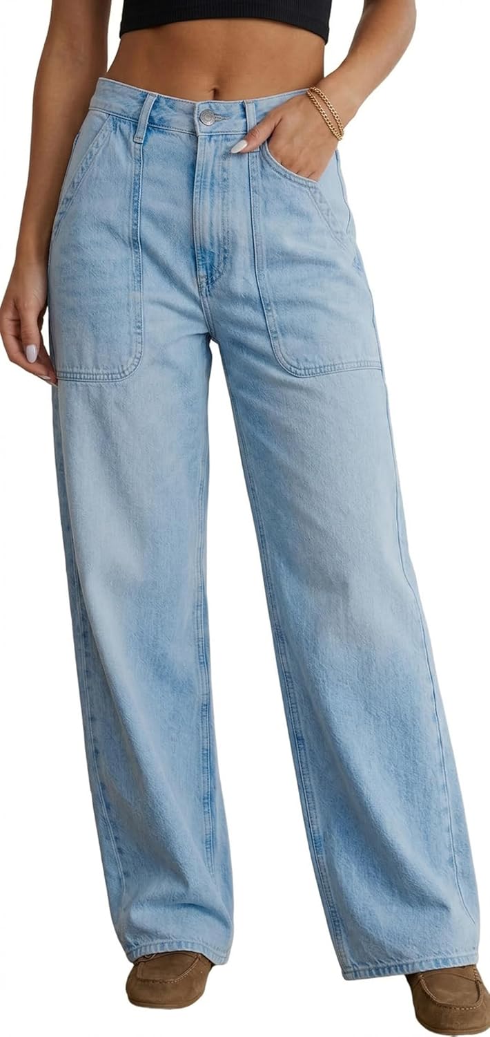 Women's Wide Loose Straight Leg Jeans Trendy High Waisted Jeans for Women Baggy Denim Pants with Pockets