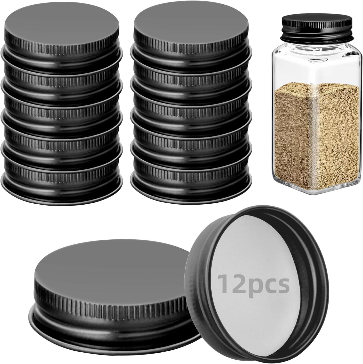 12Pcs Black iron Lids Lids for 4 oz and 6 oz Square Spice Jars Reusable Can Wooden Airtight Spice Storage Canning Lids for Nice Sealing Kitchen (12)
