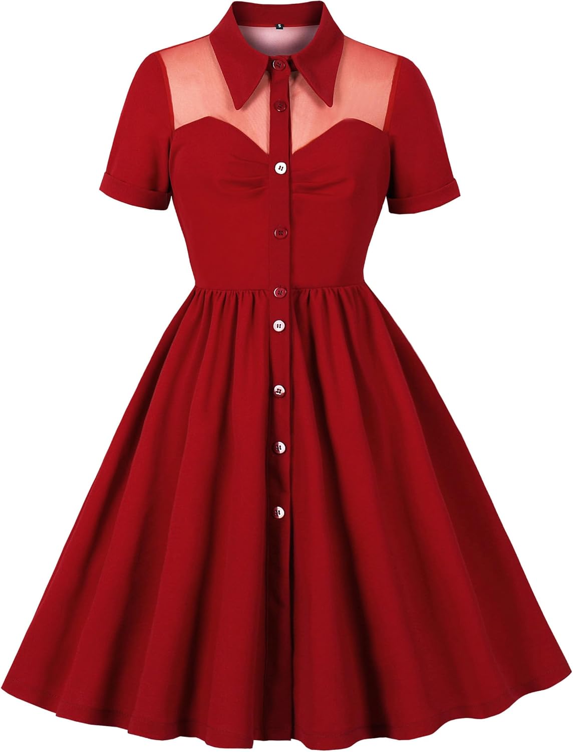 Wellwits Women's Shirt Button up Mesh Insert Work Vintage Dress