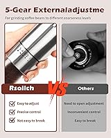 Vista 6 de Molinillo de café manual con rebaba de acero inoxidable para goteo, prensa francesa, 5 configuraciones ajustables, molino manual con rebaba