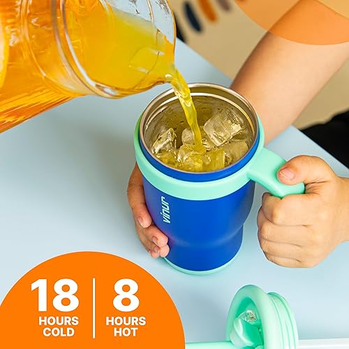 Miniatura 2 de VINUR Vaso aislado con asa para niños, de acero inoxidable, doble pared, al vacío, con tapa y popote (azul marino)