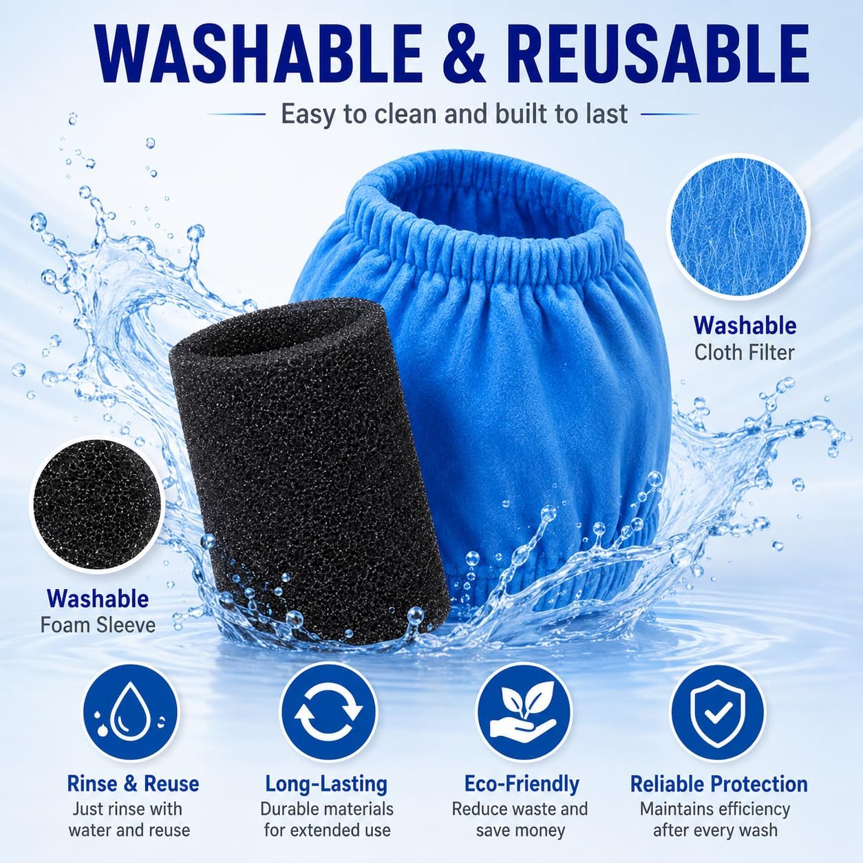 VRC2 Cloth & VFF21 Foam Filter Set 6+4 Pack for Wet Dry Vac | Fits Vacmaster 1.5-3.2 Gallon, Armor All AA255 AA255W 2.5 Gallon Shop Vacuum