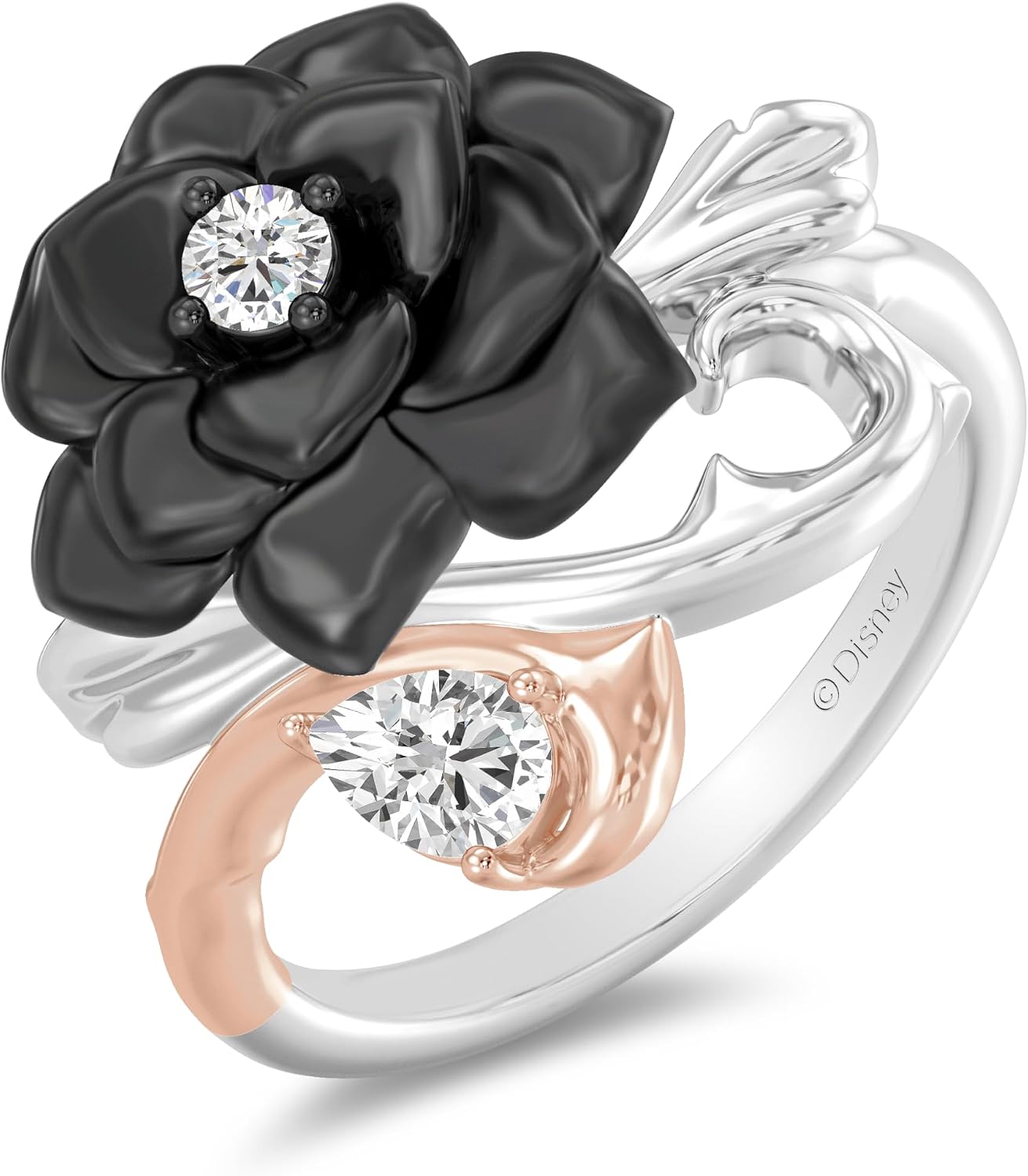 Jewelili Enchanted Disney Fine Jewelry Maleficent Rose Ring for Women | 14K Rose Gold and Black Rhodium over Sterling Silver | 1/3 CT.TW. Diamonds| Jewelry Gifts for Her