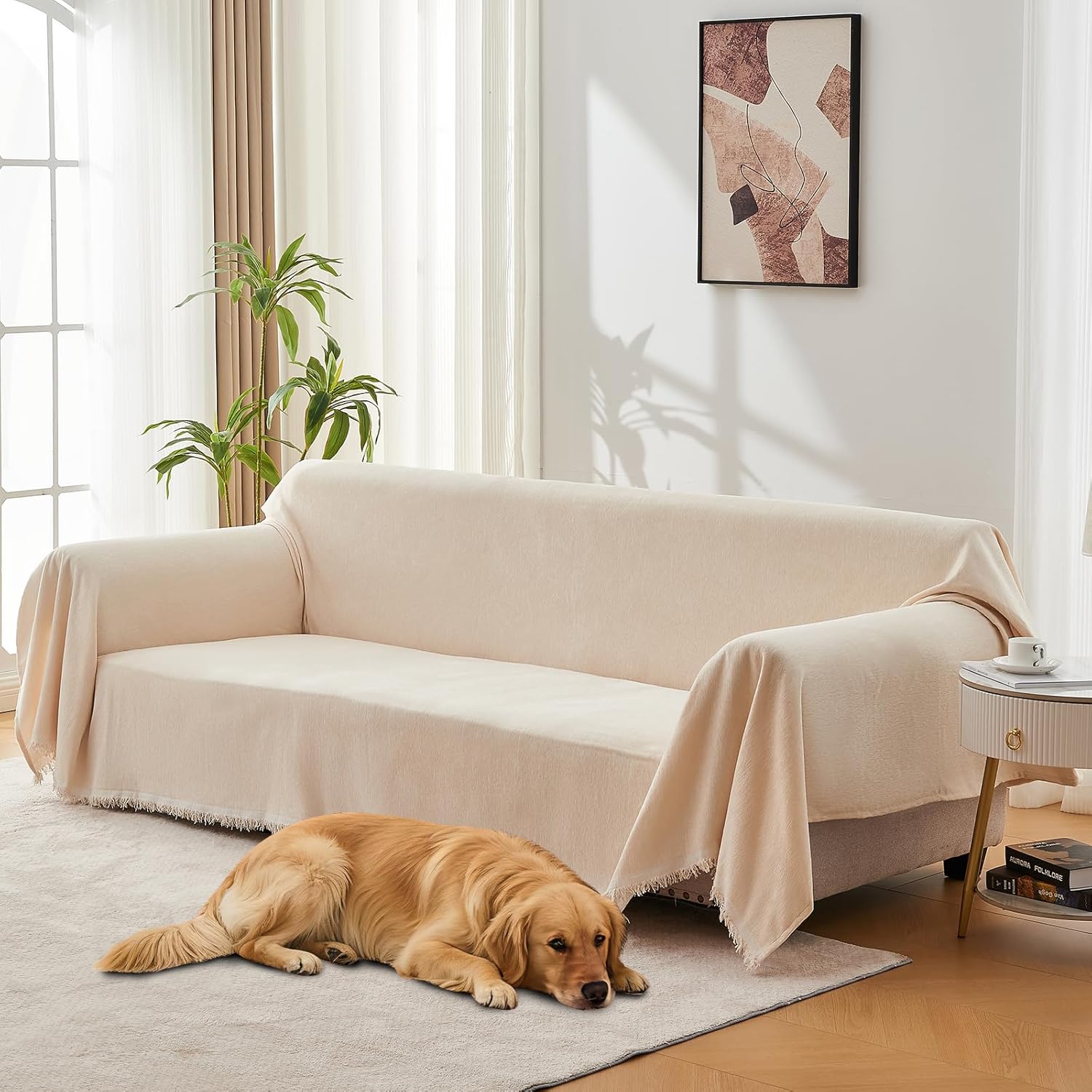 Sofa Cover for Washable Sectional L Shape Couch Covers Protector with Tassel Sofa Slipcover for Pet & Kid Friendly,71"x134",Light Grey