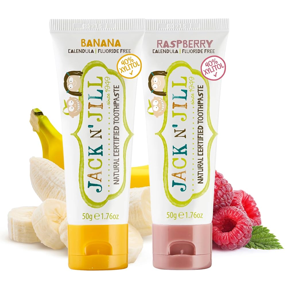 Jack N\' Jill Natural Toddler Toothpaste - Fluoride Free Training Toothpaste for Toddlers 1-3, 40% Xylitol, BPA Free - Banana & Raspberry, 1.76 oz (Pack of 2)