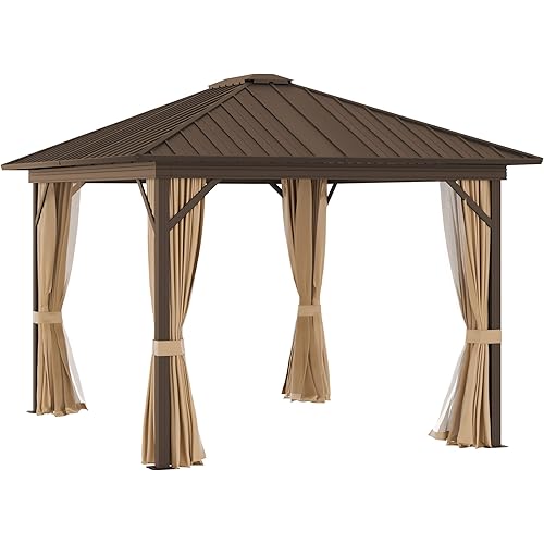 Outsunny 10' x 12' Hardtop Gazebo Canopy with Galvanized Steel Roof, Aluminum Frame, Permanent Pavilion with Top Hook, Netting and Curtains for Patio, Garden, Backyard, Deck, Lawn, Brown