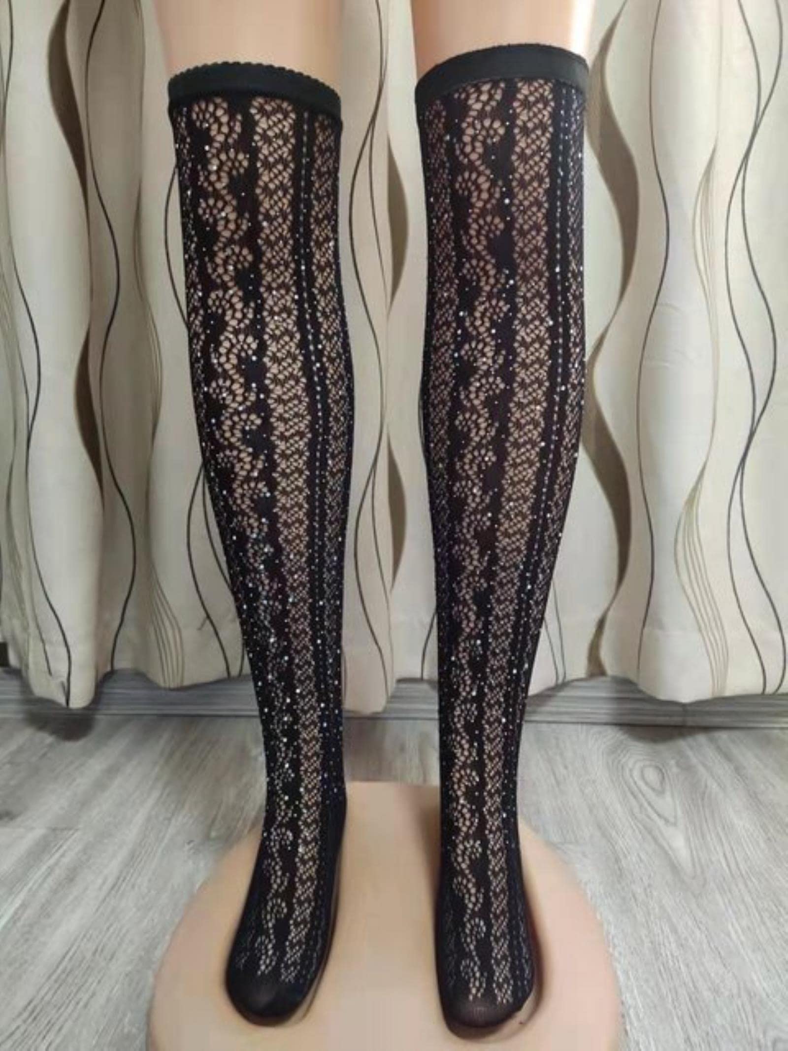 HMTE Sexy Strümpfe Sexy Strass Dessous Damen Crystal Diamond Durchsichtige Netzstrümpfe (W77 Einheitsgröße)