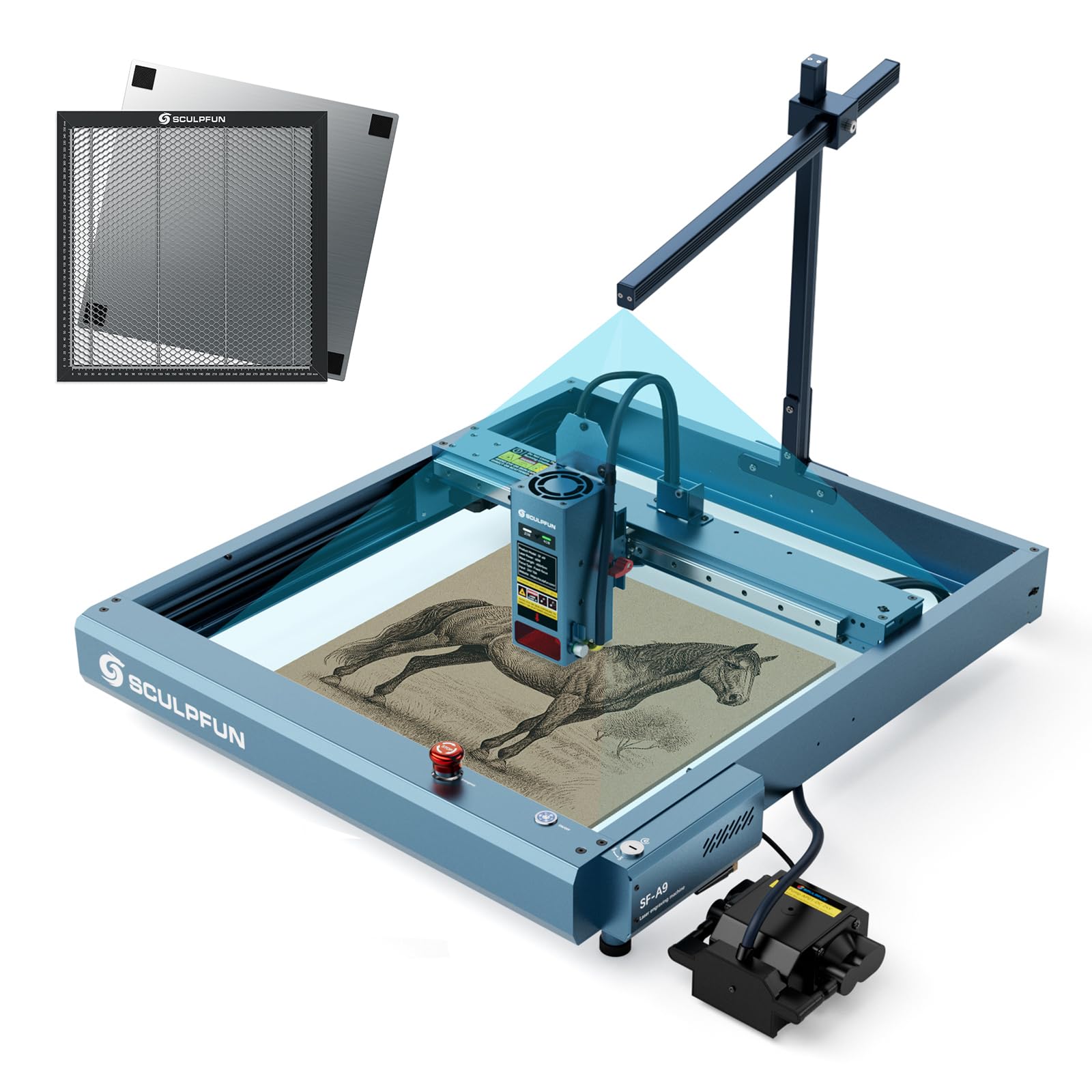 SCULPFUNSF-A9 Laser Engraving Machine Wood Metal 40W/20W Output Power Laser Cutter Laser Engraver with Automatic Air Support, Honeycomb Work Table, CAM500 Lightburn Camera