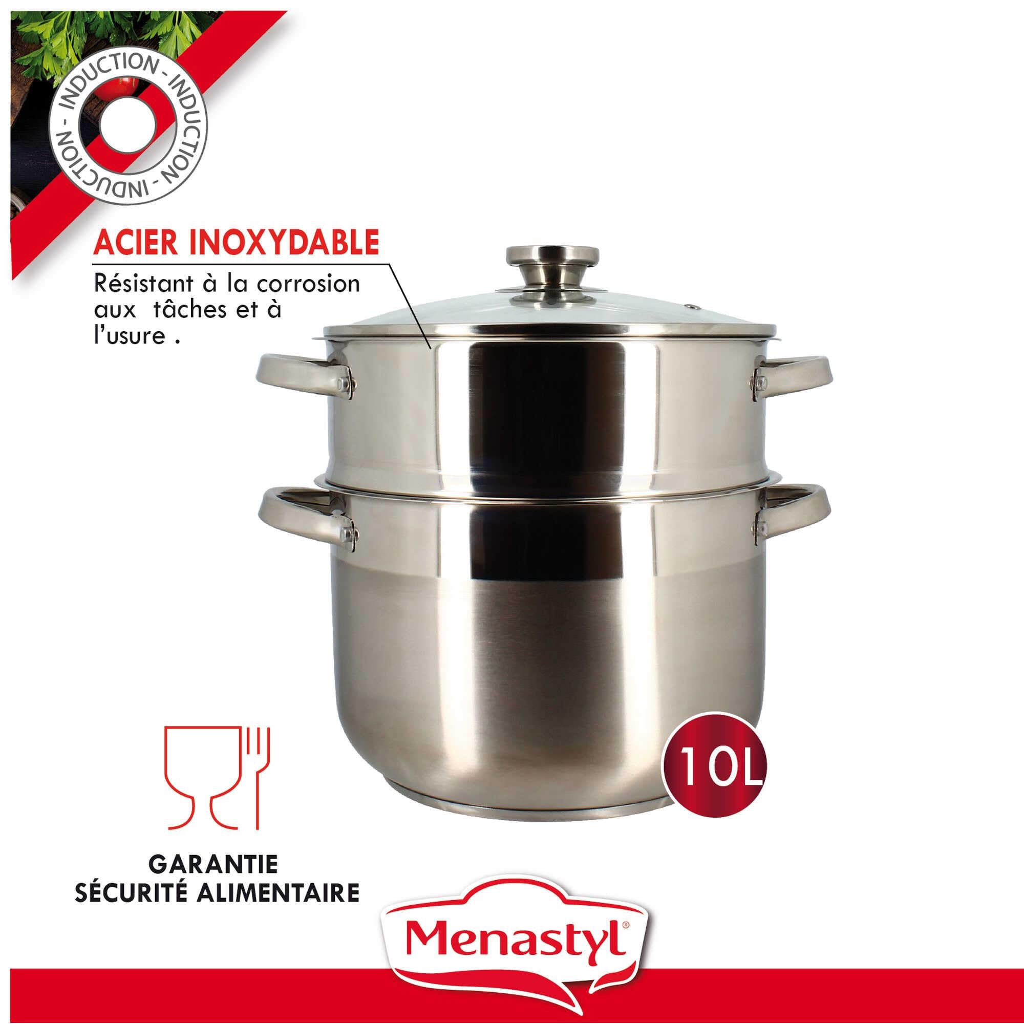 MENASTYL - Couscoussier 10L en acier inoxydable - Couvercle en verre - 4615450