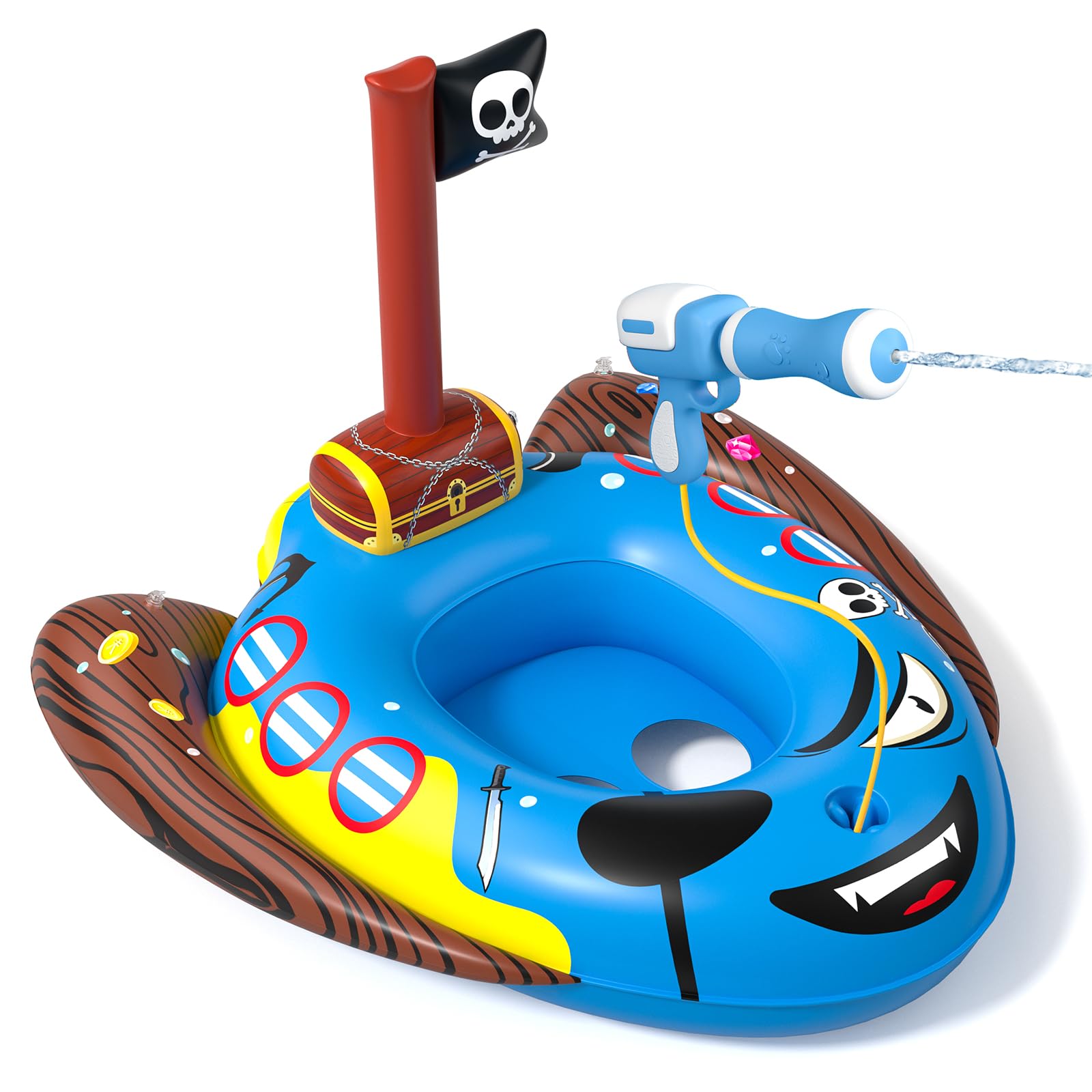 AZDYJL Pirate Ship Kids Pool Floats with Water Gun,Toddler Pool Float Inflatable Ride-on Swimming Toy for Boys Aged 3 4 5 6 7 Years,Summer Outdoor Water Games Toys for Boys