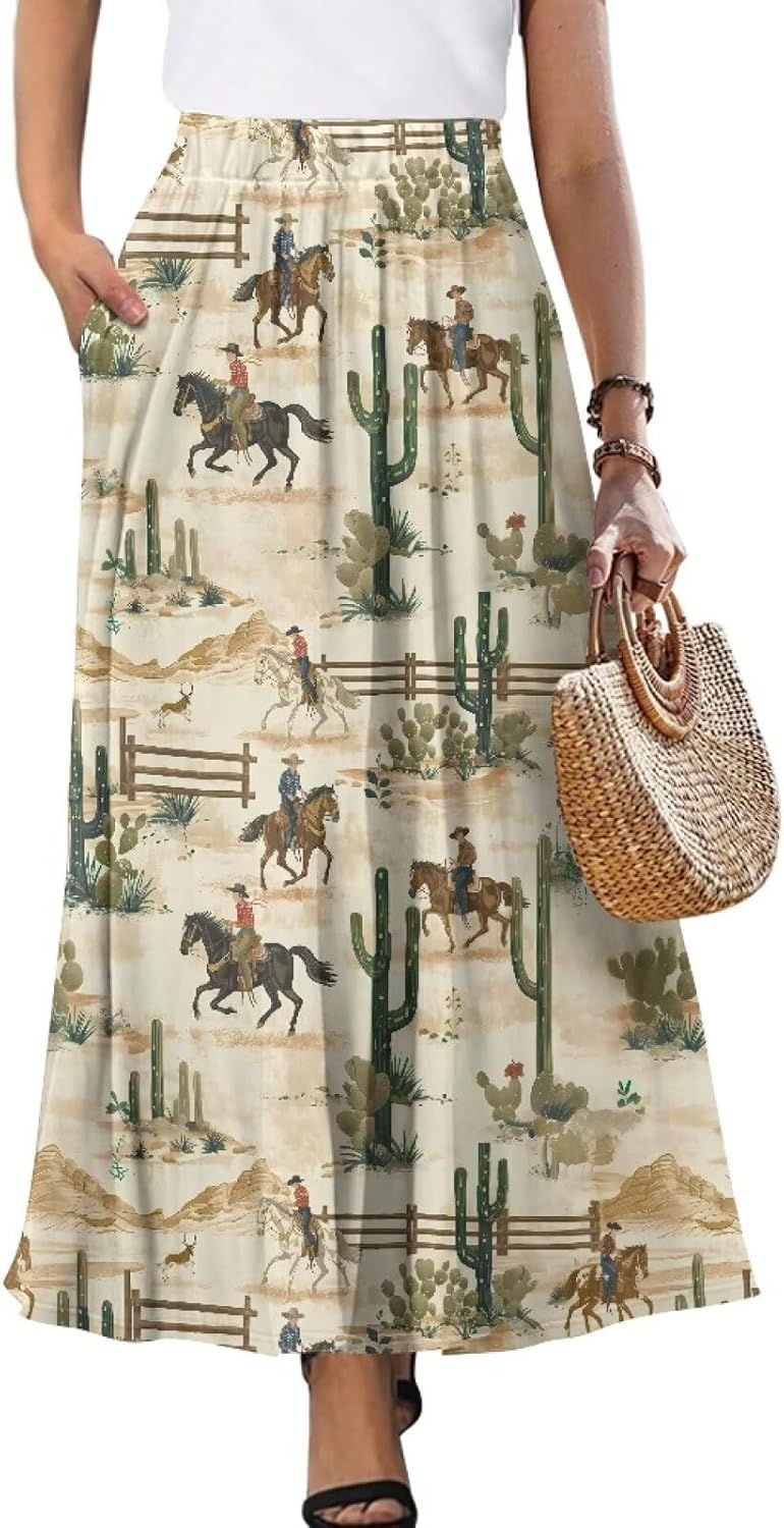 Women Long Skirts with Pockets Bohemian Casual Flowy High Waisted Ankle Length Maxi Skirt for Party Prom