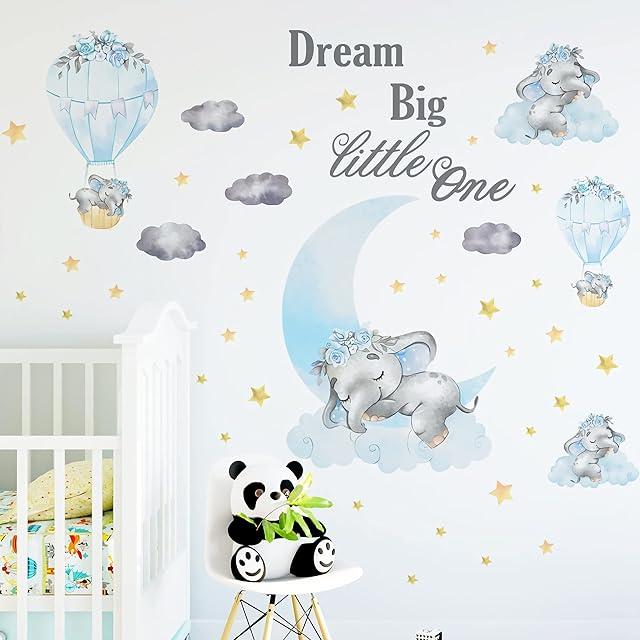 Large Blue Baby Boy Elephant Wall Decal, JOENCOST Cute Five Elephant Dream Big Little One Wall Stickers Watercolor Grey Cloud Gold Star, Removable Nursery Wall Decor for Kids Bedroom Living Room