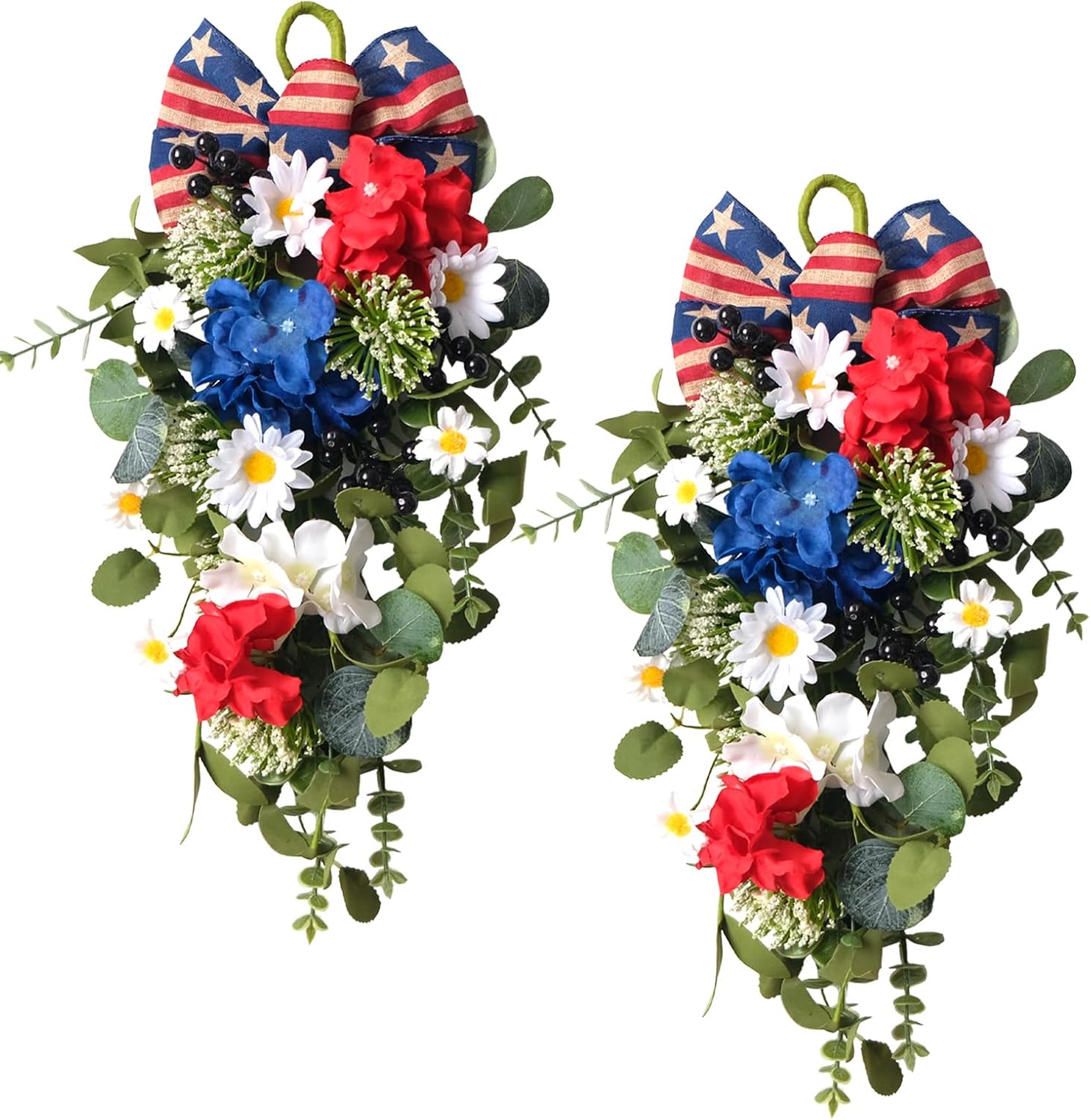 Set of 2PCS 4th of July Red White Blue Teardrop Wreaths for Front Door, Independence Patriotic Swags for Indoor Outdoor, Memorial Day Flowers Swag Wreath for Home Decor