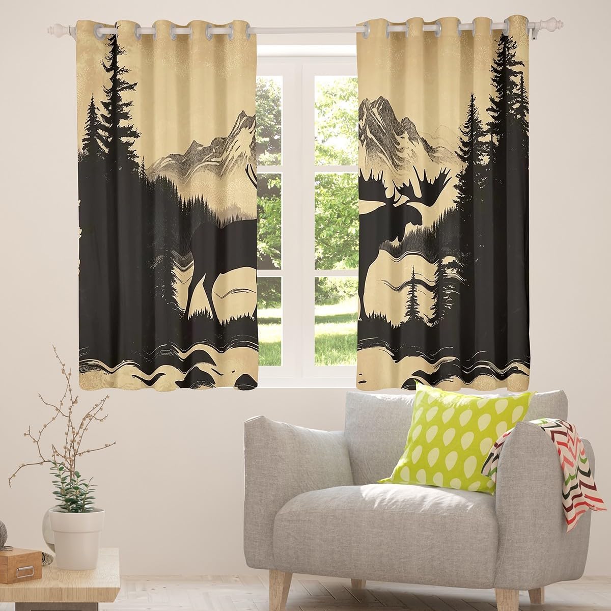 jejeloiu Deer Curtains for Bedroom Living Room Wild Animal Blackout Darkening Drapes Deer Hunting Window Treatments, 2 Panels 52 x 63 Inch Tree Pattern Room Decor