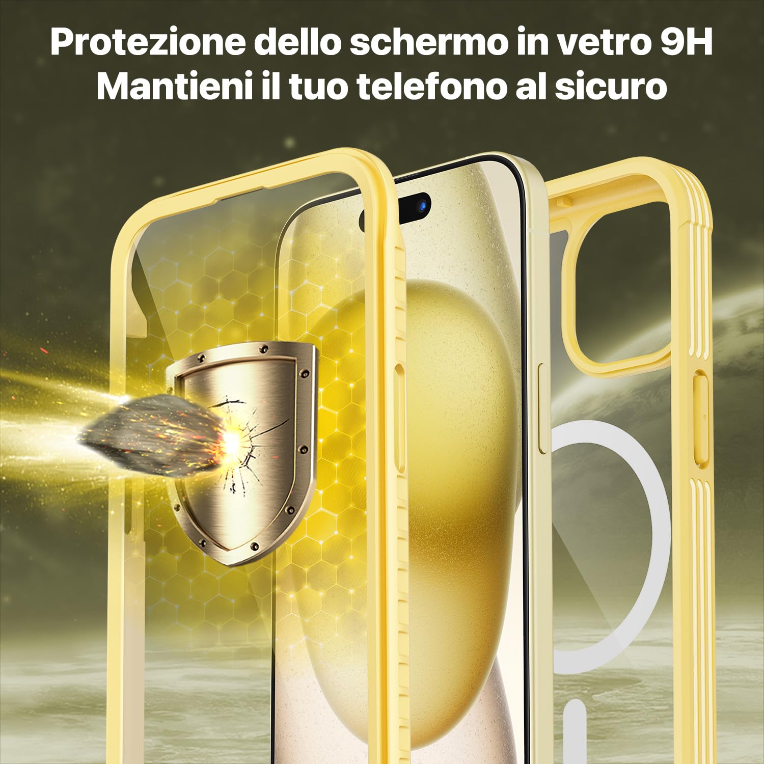 CENHUFO Cover Magnetica iPhone 15, [Compatibile con Magsafe] Integrata [9H HD] Vetro Temperato Schermo e Protezione Fotocamera, 360 Gradi Antiurto Cellulare Custodia Fronte Retro Case - Giallo