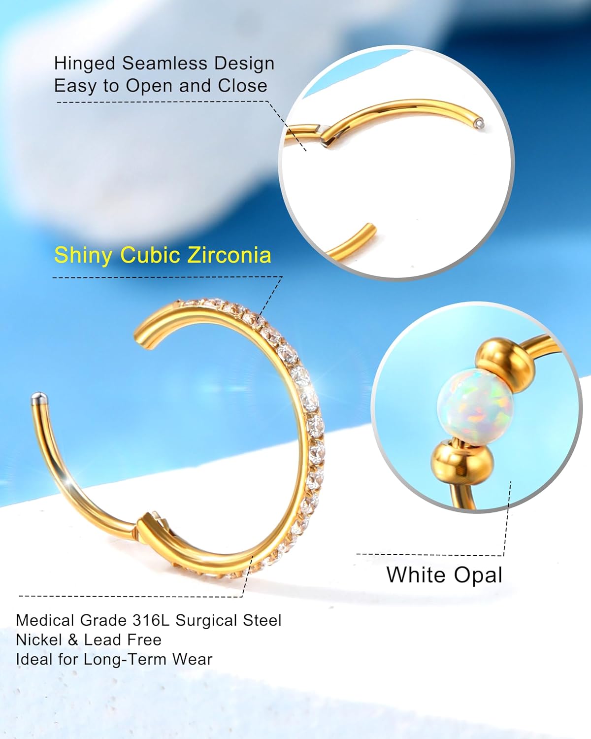 Jewseen 20G 3PCS Nose Rings Hoops 316L Surgical Steel Opal Nose Rings for Women 8mm/10mm Septum Rings Clear CZ Daith Helix Tragus Conch Piercing Jewelry Cartilage Earring - Image 3