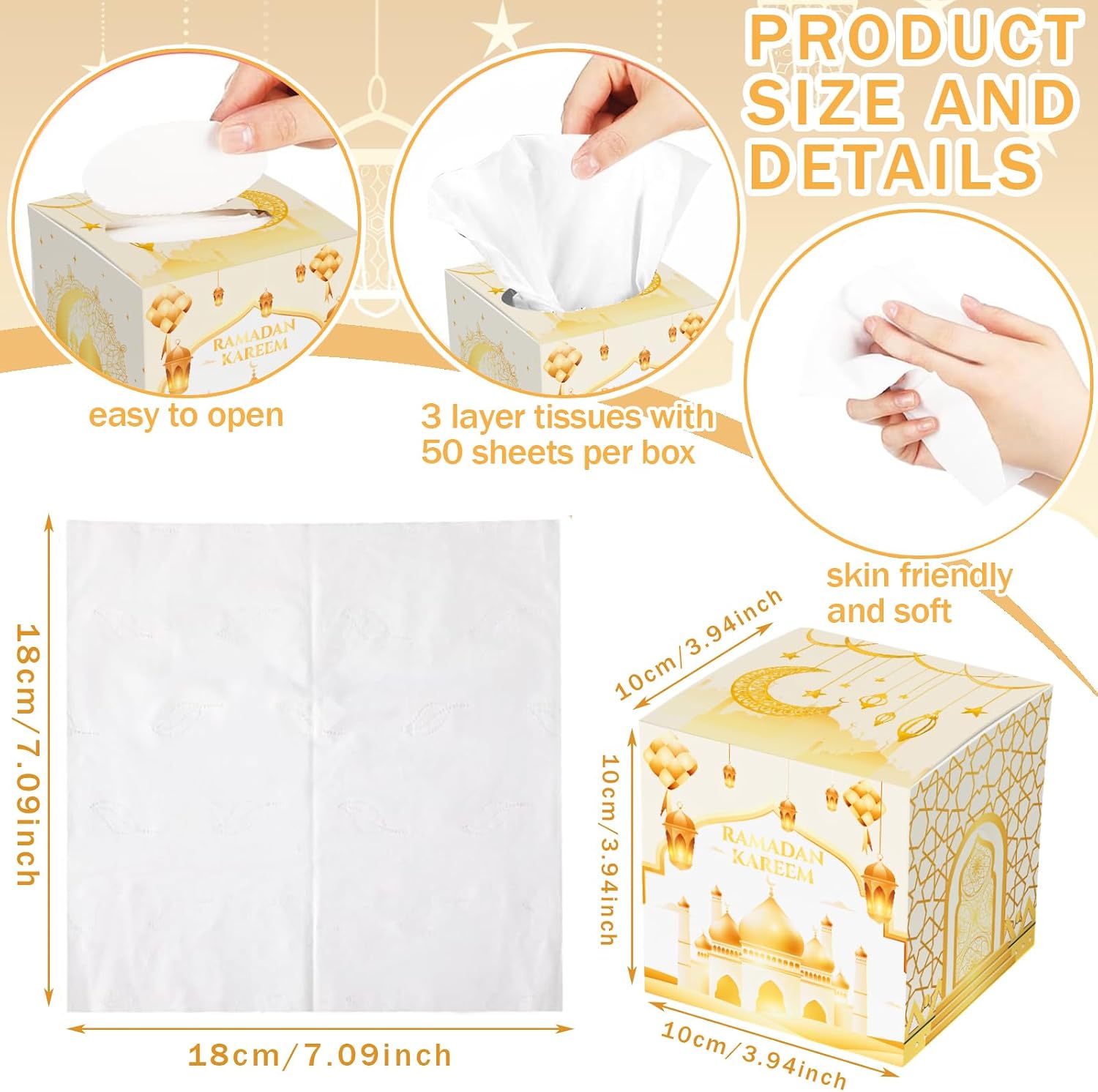 12 Pcs Ramadan Facial Tissues Cube Boxes - DIY Square Tissue Box Covers with 50 Sheets 3 Ply Napkins Crescent Moon, Star, Lantern Patterns for Ramadan Kareem Decorations, Islamic Holiday Celebrations