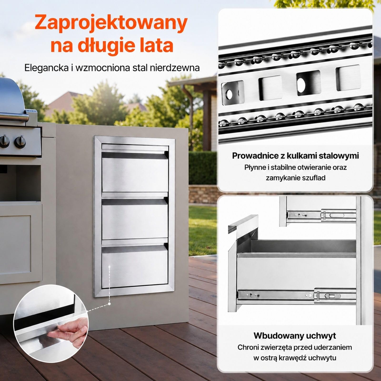 Szuflada do zabudowy z 3 komorami ze stali nierdzewnej, do kuchni zewnętrznej i wyspy grillowej