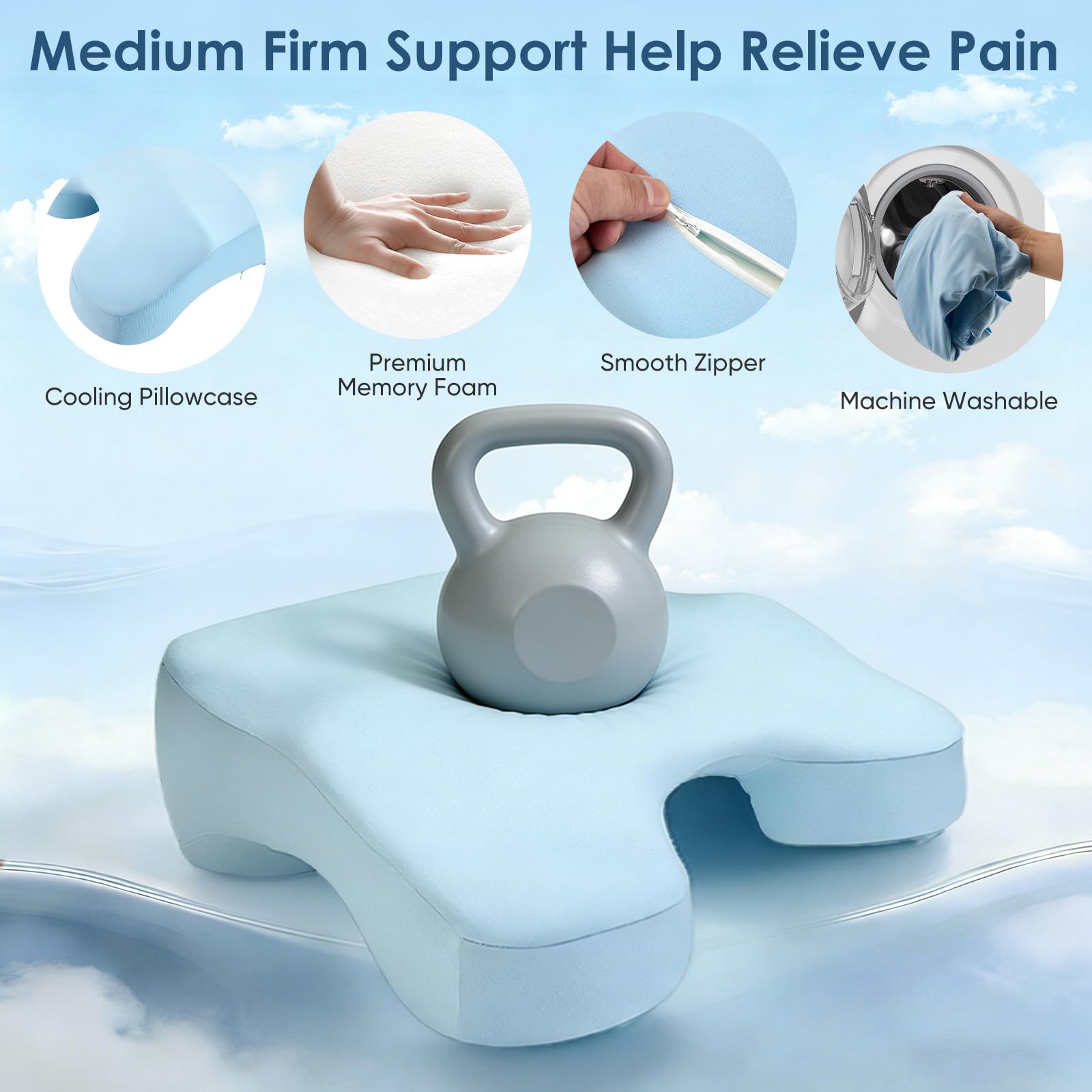 Coussin de positionnement latéral avec 3 trous pour bras et inclinaison, coussin orthopédique en mousse à mémoire de forme, housse bleue rafraîchissante, lavable, coussin de positionnement