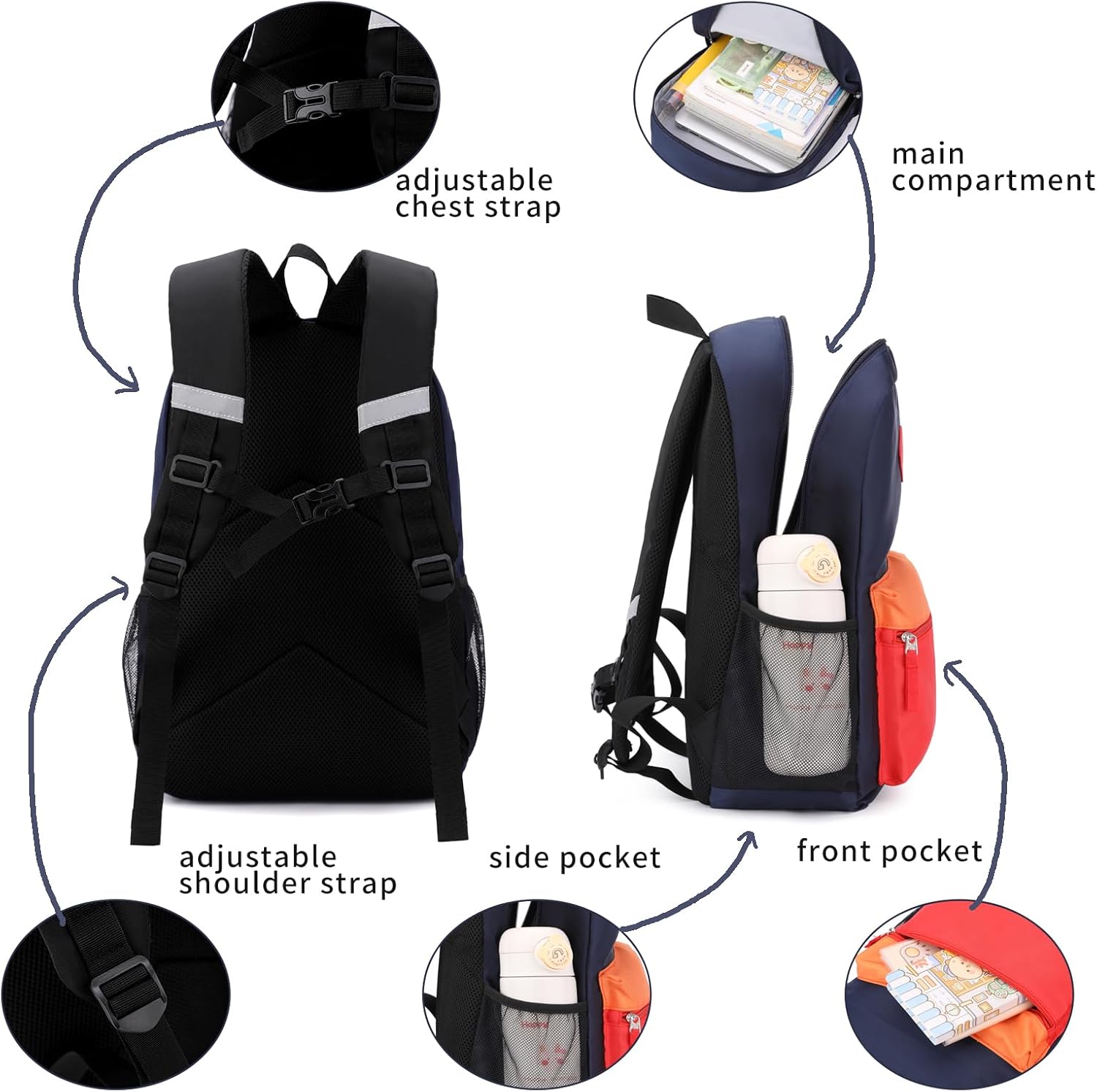 Toddler Backpack, Preschool Backpack for Kids Boys and Girls Kindergarten Preschool Bookbag with Chest Buckle 3-6 Years (Navy Red, Medium-15inch) - Image 4