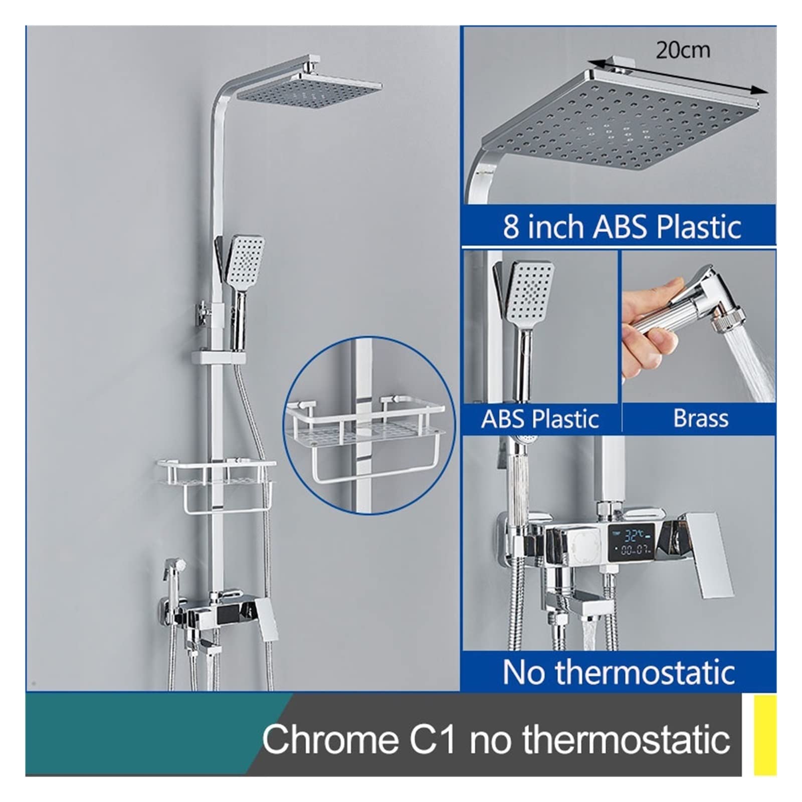 Rubinetti Doccia termostatici Neri Schermo Display Digitale Miscelatore Caldo Freddo Sistemi Vasca Soffione Doccia a Pioggia con Rubinetto Bidet(Chrome C1-2)