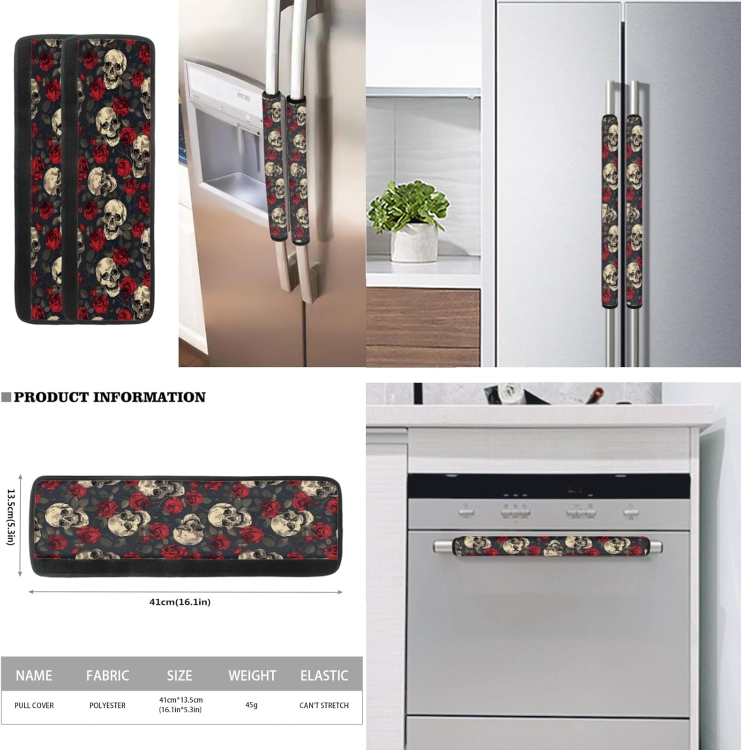 Halloween Skull Fridge Door Handle Covers Set of 6, Anti-Skid Kitchen Appliance Armrest Decoration Mat for Fridge Dishwashers Microwave Kitchen Halloween Decorations,Rose Red