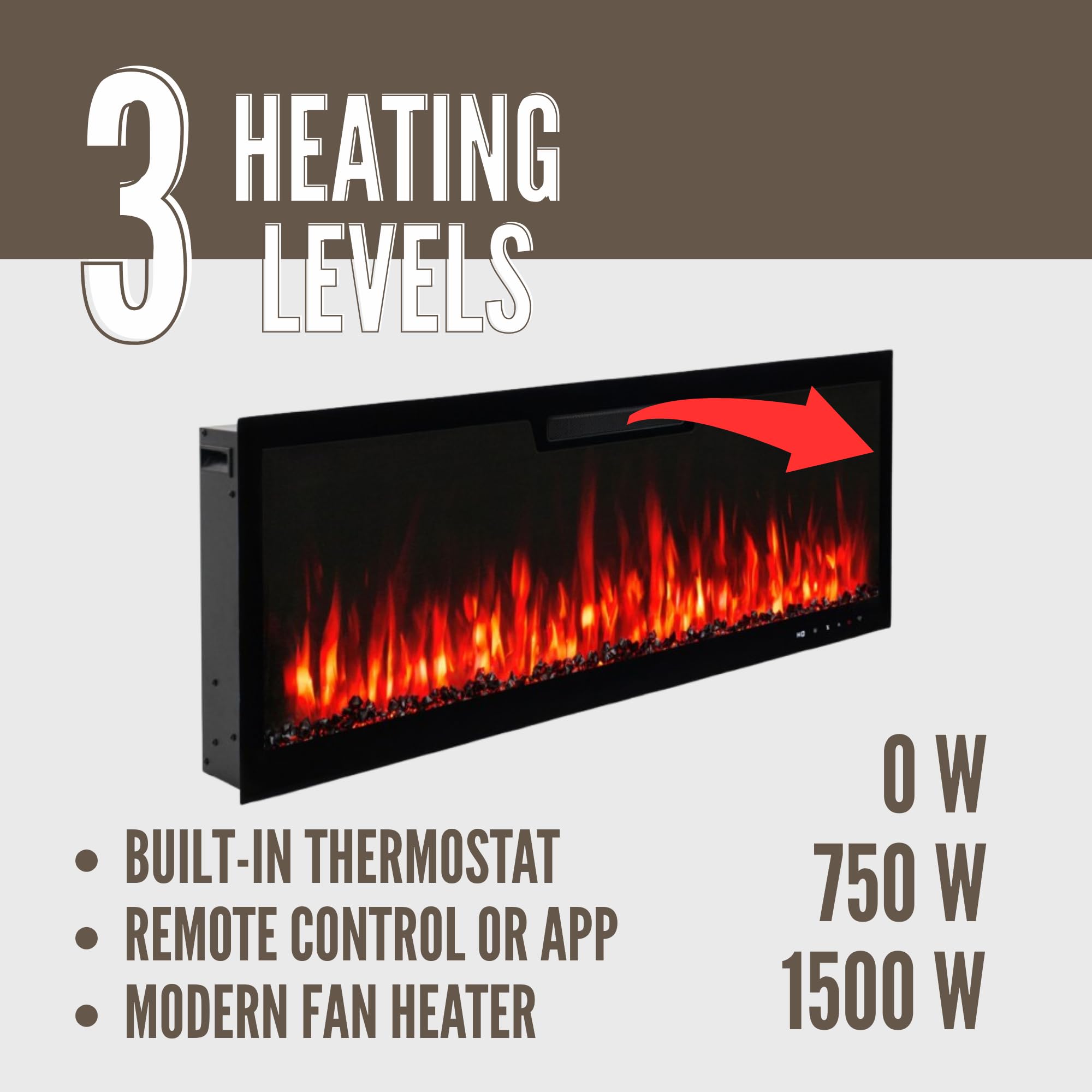 AFLAMO Chimenea Eléctrica LED Elite 153, Montaje en Pared, Efecto de Llama Multicolor, con Sonido y Calefacción (153x45x13)