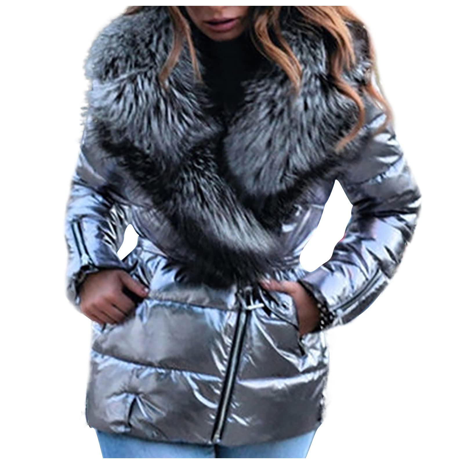 Daunenjacke Damen Winter Kurz Glänzend Winterjacke Warm Fellkapuze Steppjacke Gefüttert Dicke Mit Kapuze Puffer Jacke Reflektierend Mit Reissverschluss Kurze Daunenmantel Kuschelig Steppmantel