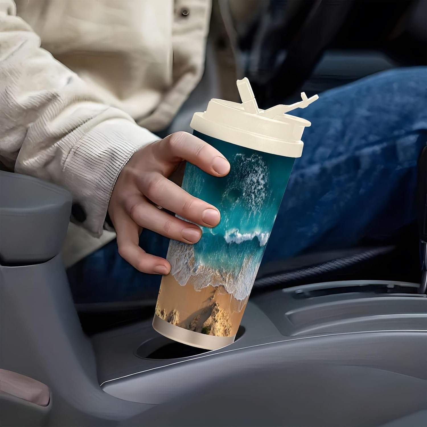 Beach Sand Insulated Coffee Mug with Straw & Flip Lid, 16.9oz Iced Tumbler Cup, Double Wall Vacuum Mug for Travel Office