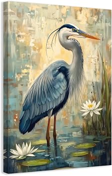 CCWACPP Blue Heron Wall Art Heron Bathroom Wall Decor Heron Bird Art Prints Seaside Animal Canvas Painting for Home Decor Framed 12.00" x 18.00"