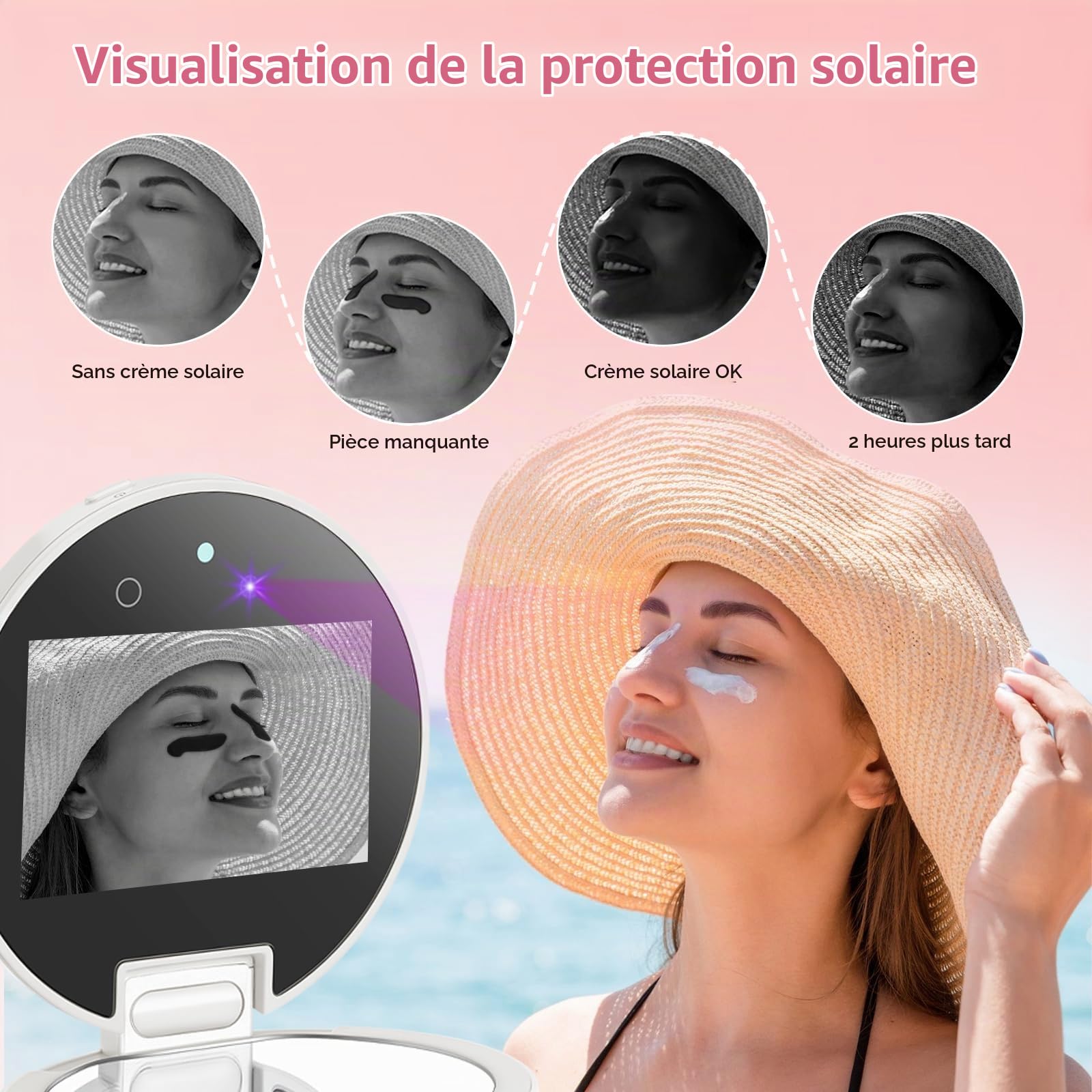 Vanexiss - Caméra UV pour test de protection solaire avec miroir UV de 3,8 pouces | 2 miroirs grossissants rechargeables avec miroir de poche double face pour protection de la peau (blanc)