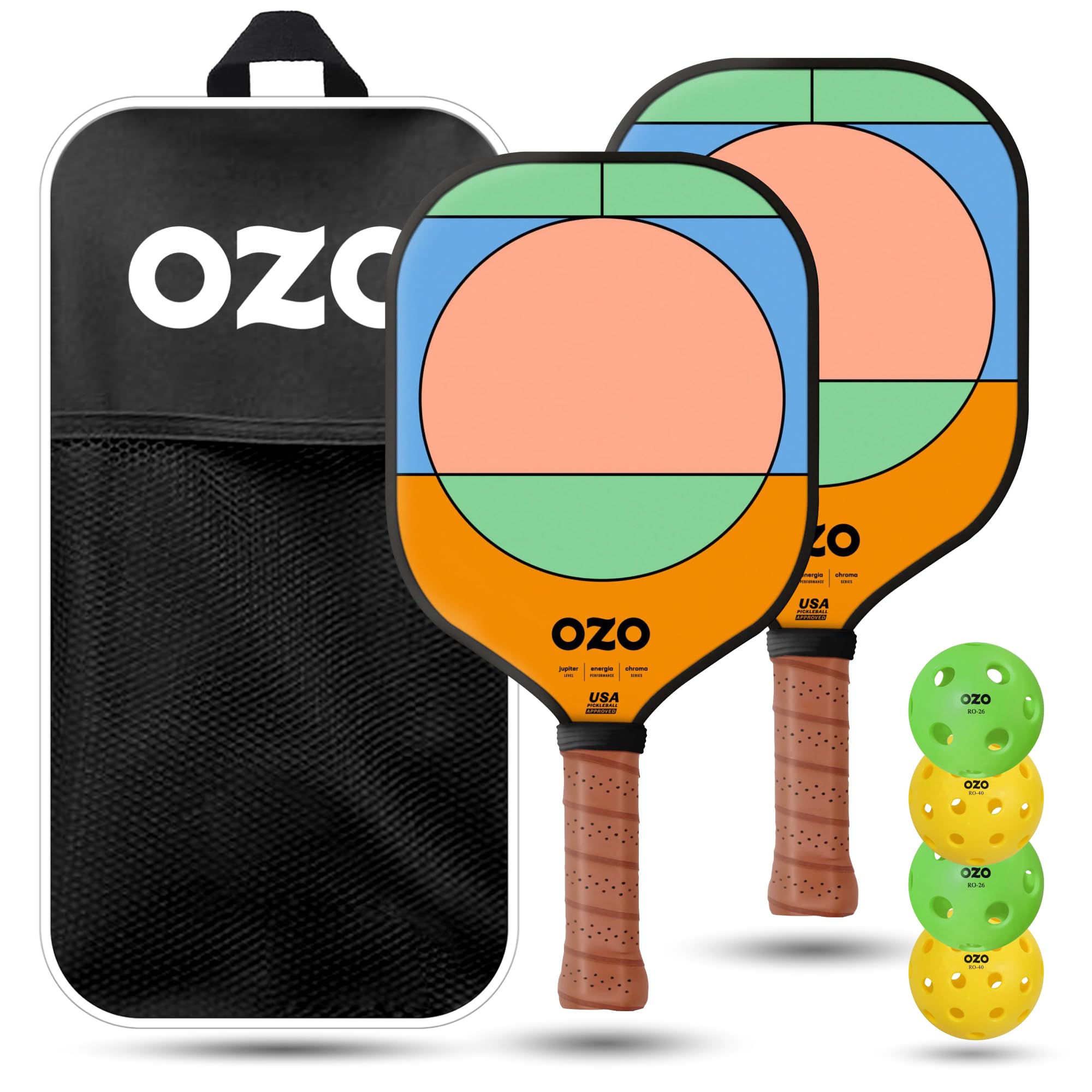 OZO Pickleball - Set of 2 paddles + 4 balls - Jupiter Energia Chroma (Intermediate Power) + Indoor & Outdoor Balls + Bag, Circle + Triangle