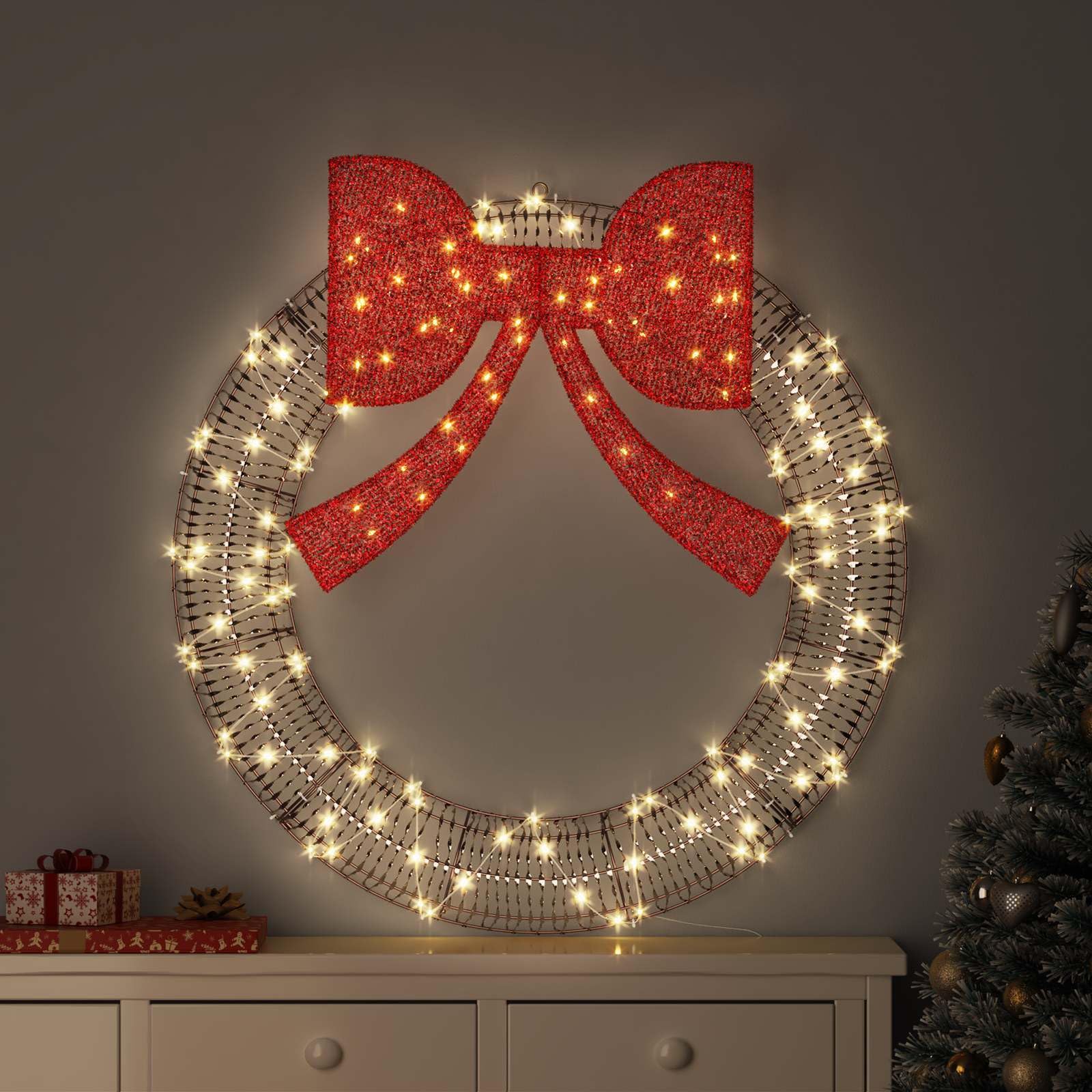 Couronne avec 80 LED blanc chaud PET 91 x 91 x 9 cm avec grand nœud et bande LED USB pour décoration d'arbre de Noël, décoration festive intérieure et extérieure, éclairage de l'Avent