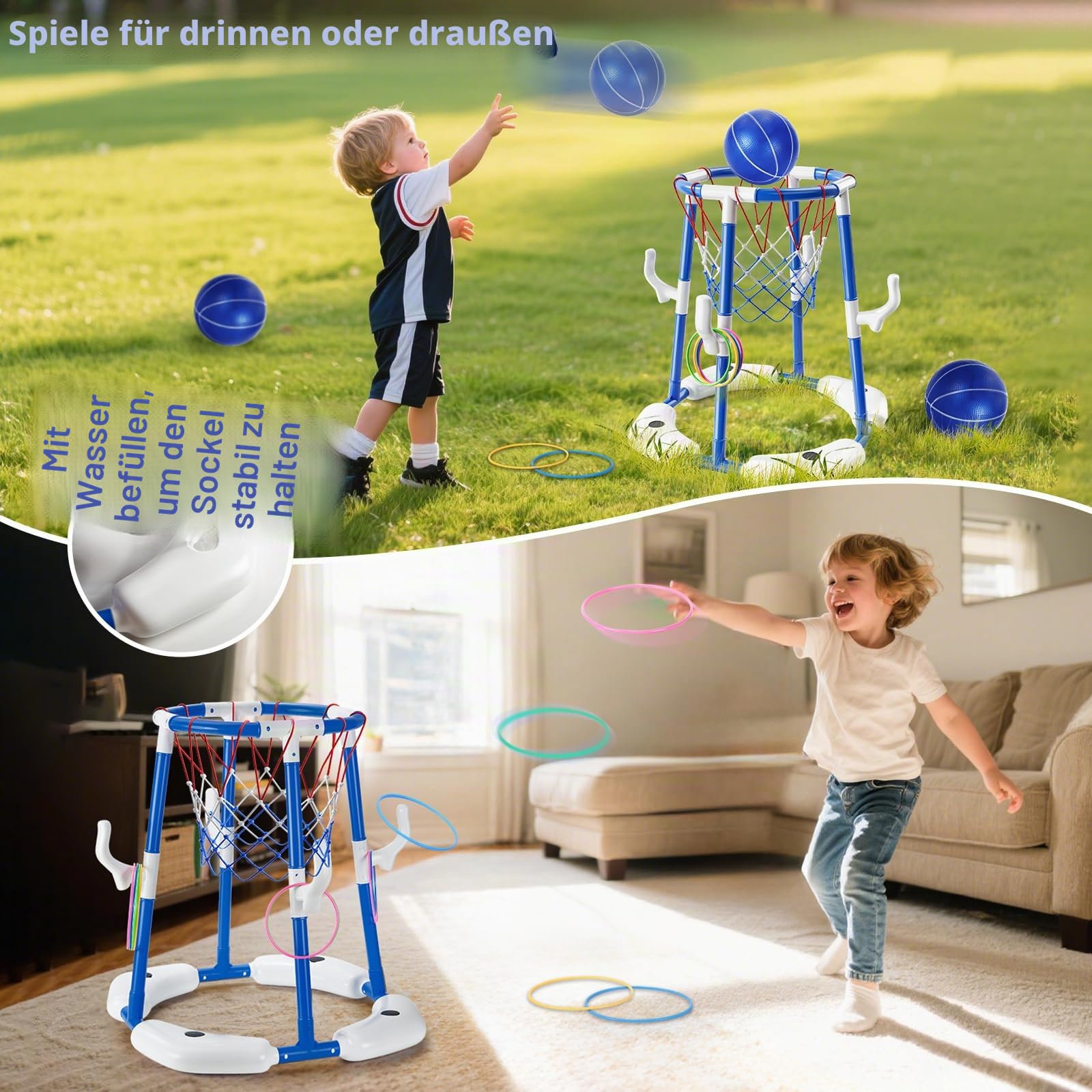 Sitodier Pool-Basketballkorb für Kinder, 2-in-1 schwimmendes Pool-Basketballspielzeug und Ringwurfspiel mit 4 Bällen und Pumpe, Basketballspiele für Kinder und Erwachsene, für drinnen und draußen