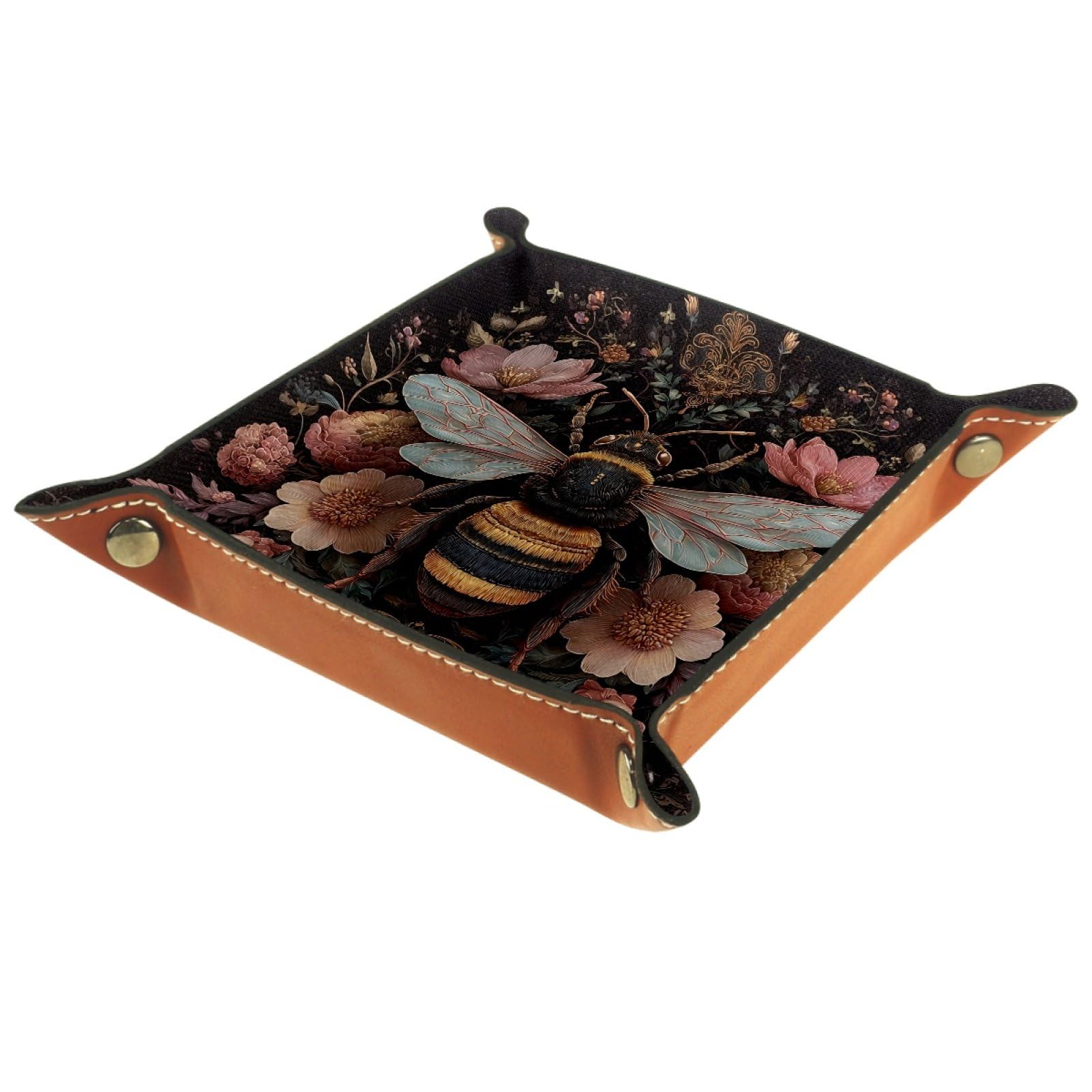VAPOKF Bee Flower Portable Dice Rolling Tray, Microfiber Leather Dice Holder Game Box for D&D, RPG, Table Games or Desktop Phone Key Storage, 20.5 × 20.5 cm