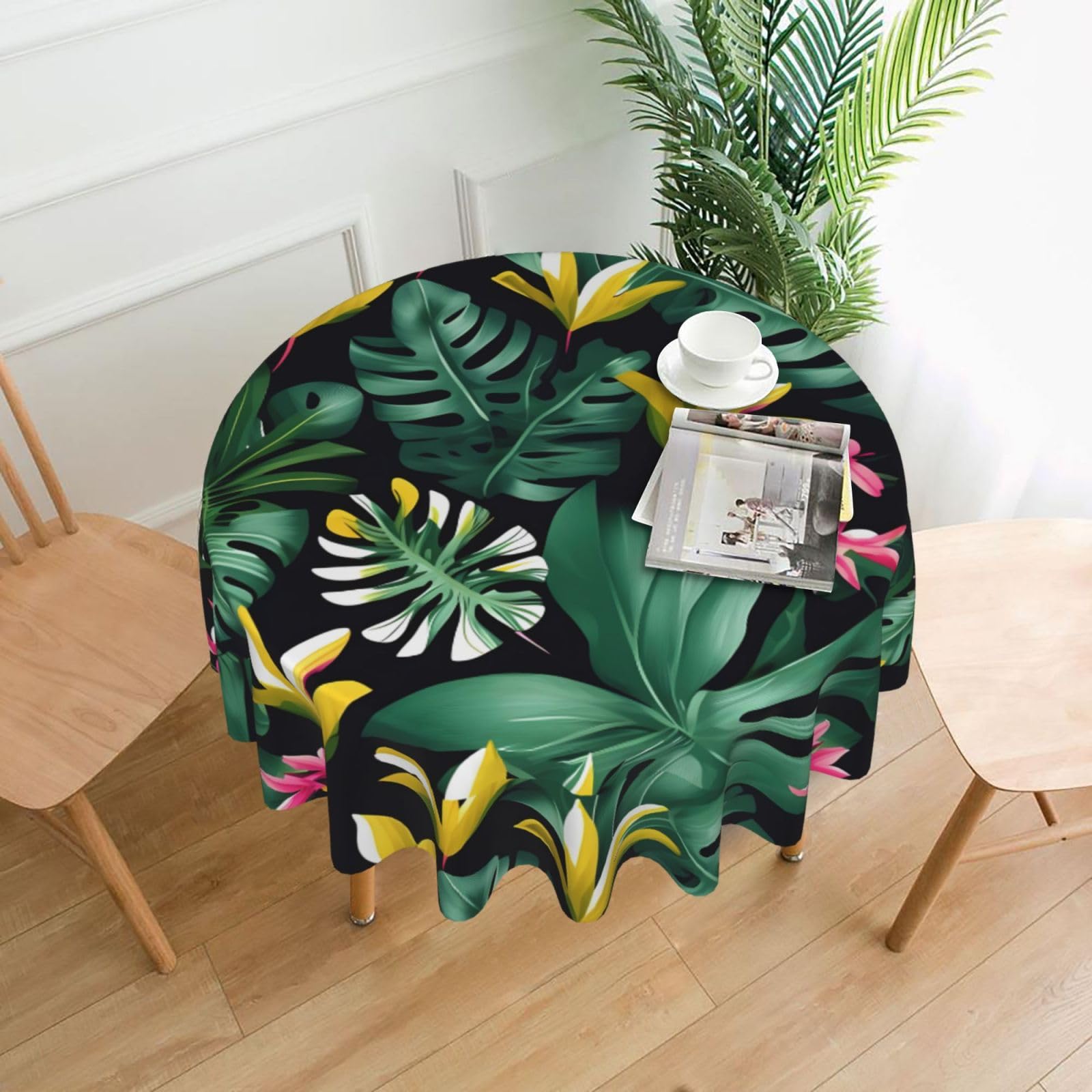 Nbtghga Hawaiian Tropical Leaves Flower Print Tablecloth Round Border Table Cloth Cover Decorative For Party Holiday Dinning Tabletop Home